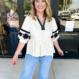 Ecru & Black Embroidered Blouse-200 Fashion Blouses-ENTRO-July & June Women's Fashion Boutique Located in San Antonio, Texas