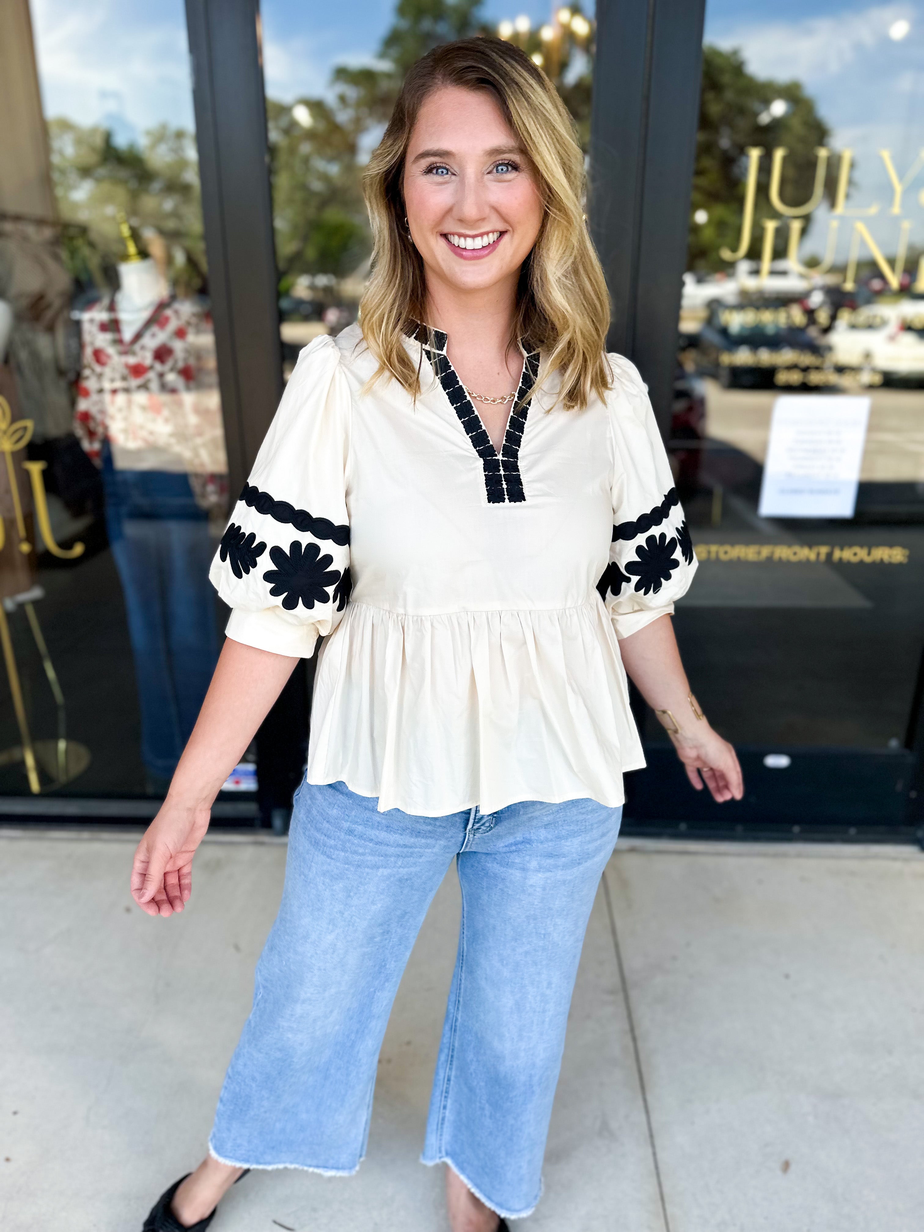 Ecru & Black Embroidered Blouse-200 Fashion Blouses-ENTRO-July & June Women's Fashion Boutique Located in San Antonio, Texas