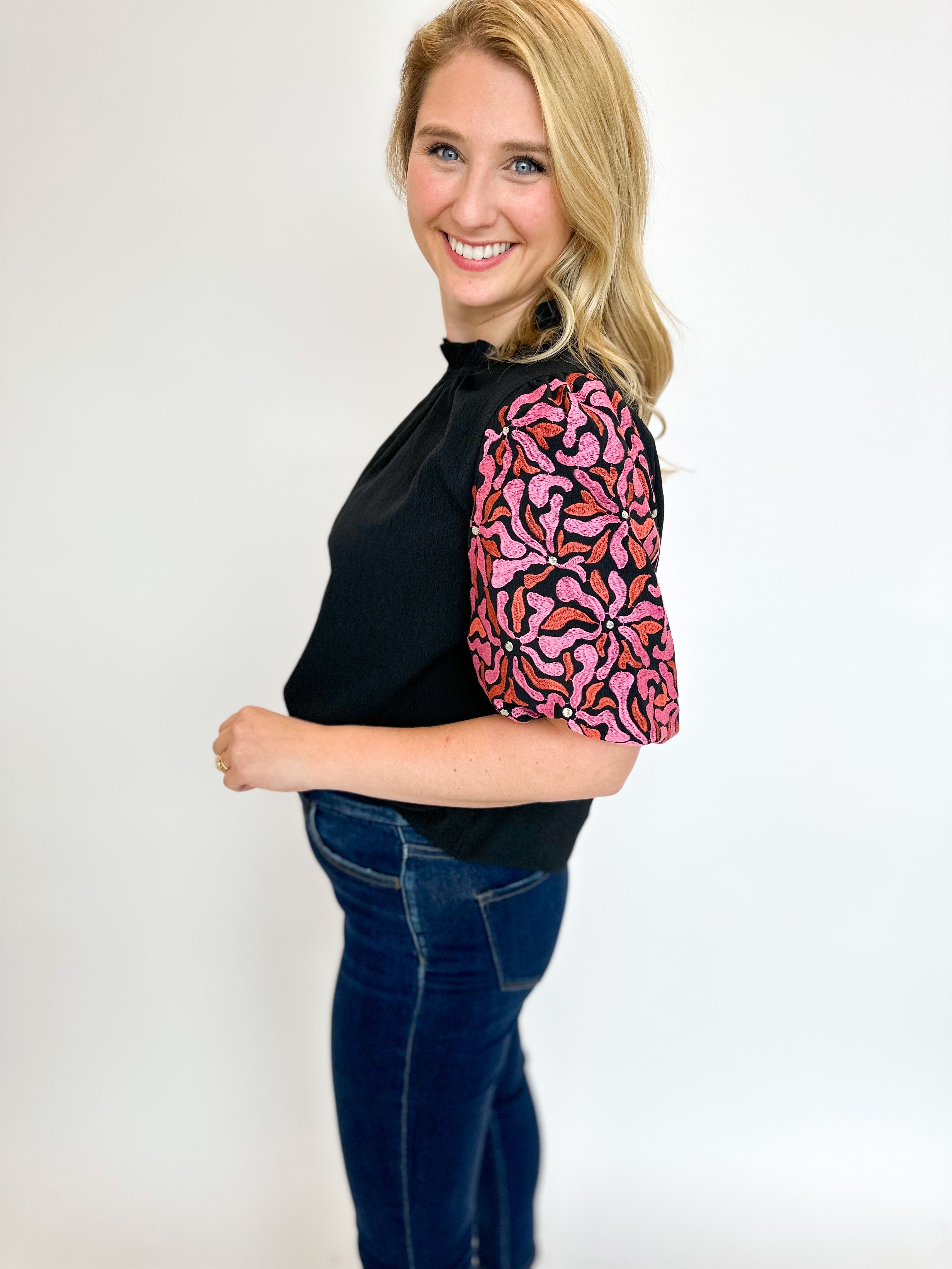 Fall Embroidered Blouse - Black-200 Fashion Blouses-ENTRO-July & June Women's Fashion Boutique Located in San Antonio, Texas