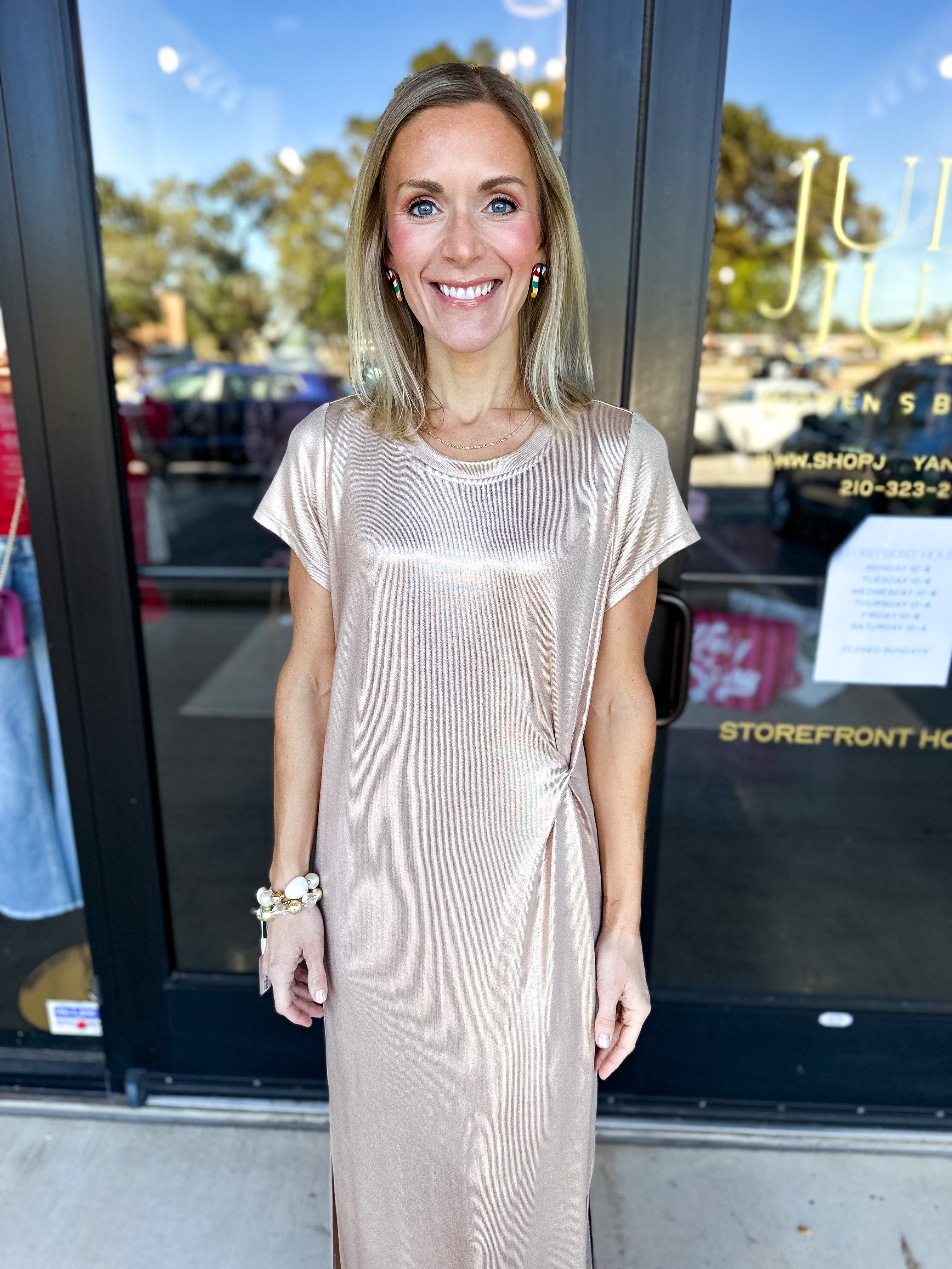 Rose Gold Shimmer Midi Dress-500 Midi-JODIFL-July & June Women's Fashion Boutique Located in San Antonio, Texas