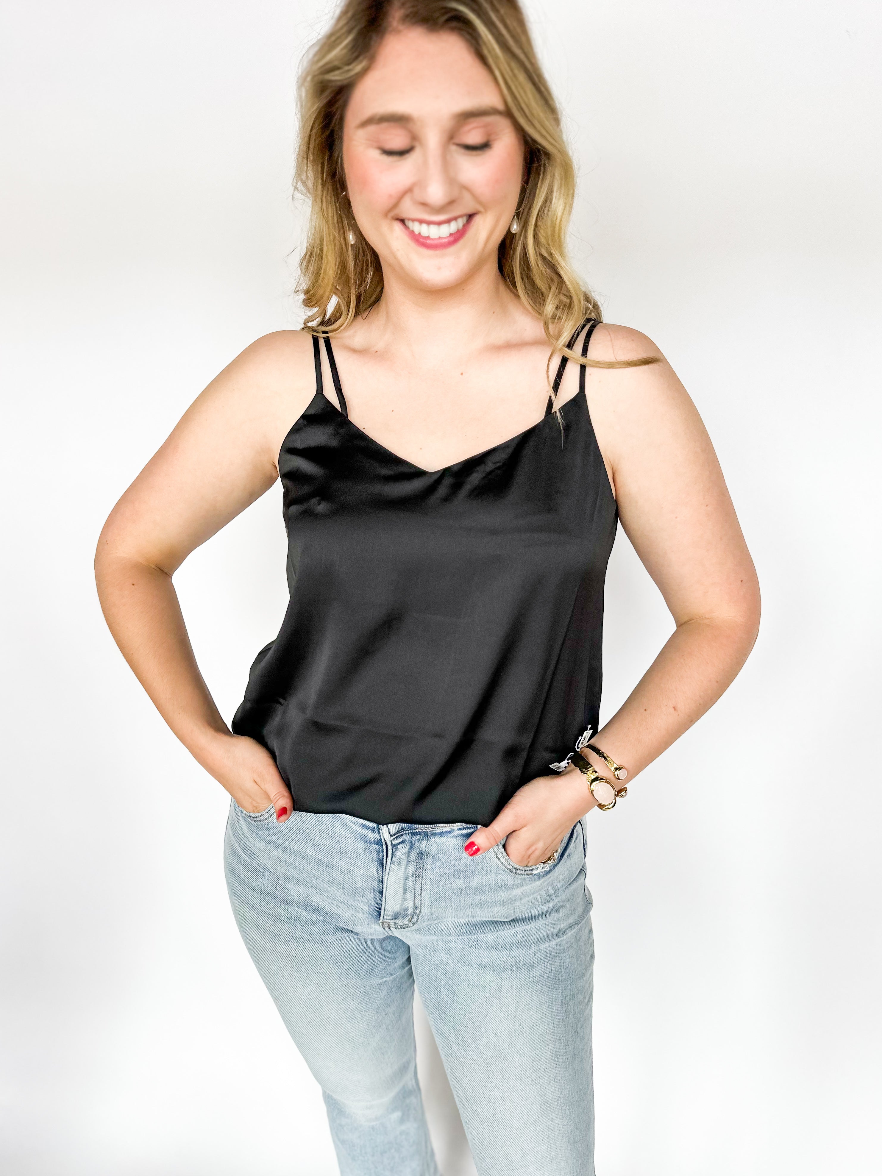 Satin Cami - Black-200 Fashion Blouses-SKIES ARE BLUE-July & June Women's Fashion Boutique Located in San Antonio, Texas