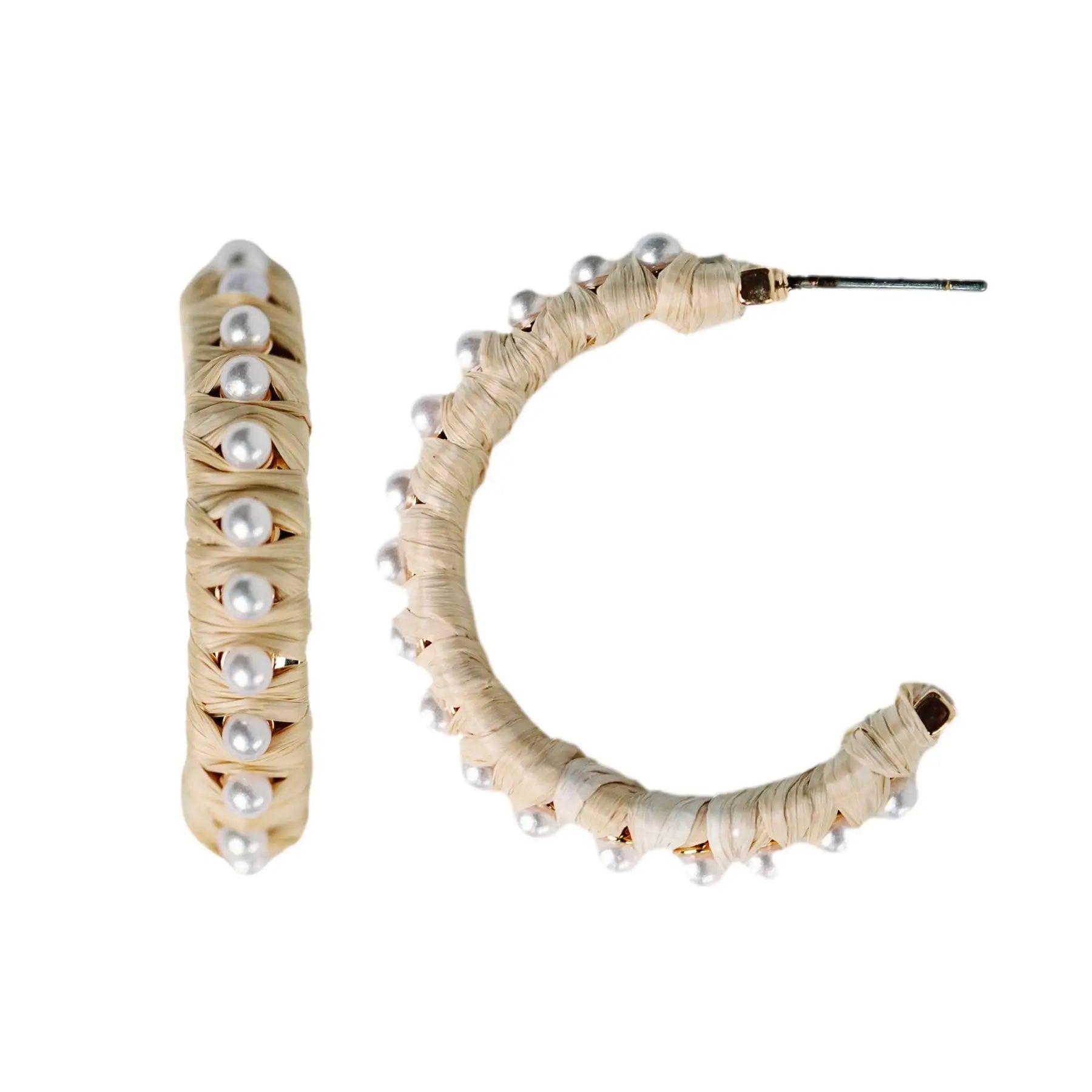 Natural Studded Pearl Raffia Statement Hoop Earrings-110 Jewelry & Hair-St Armands Designs of Sarasota-July & June Women's Fashion Boutique Located in San Antonio, Texas