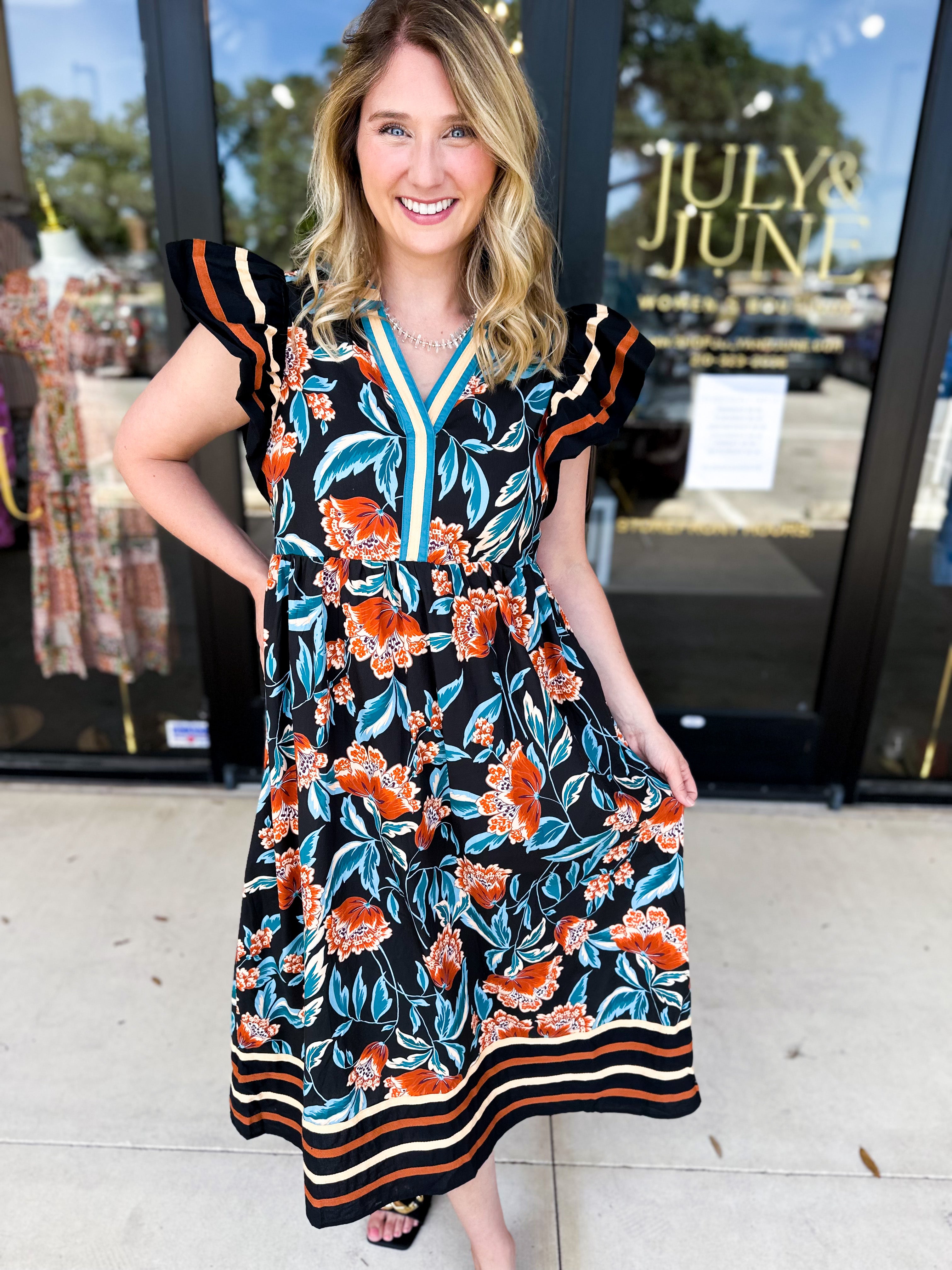 Deep Tones Floral Midi Dress-500 Midi-ENTRO-July & June Women's Fashion Boutique Located in San Antonio, Texas