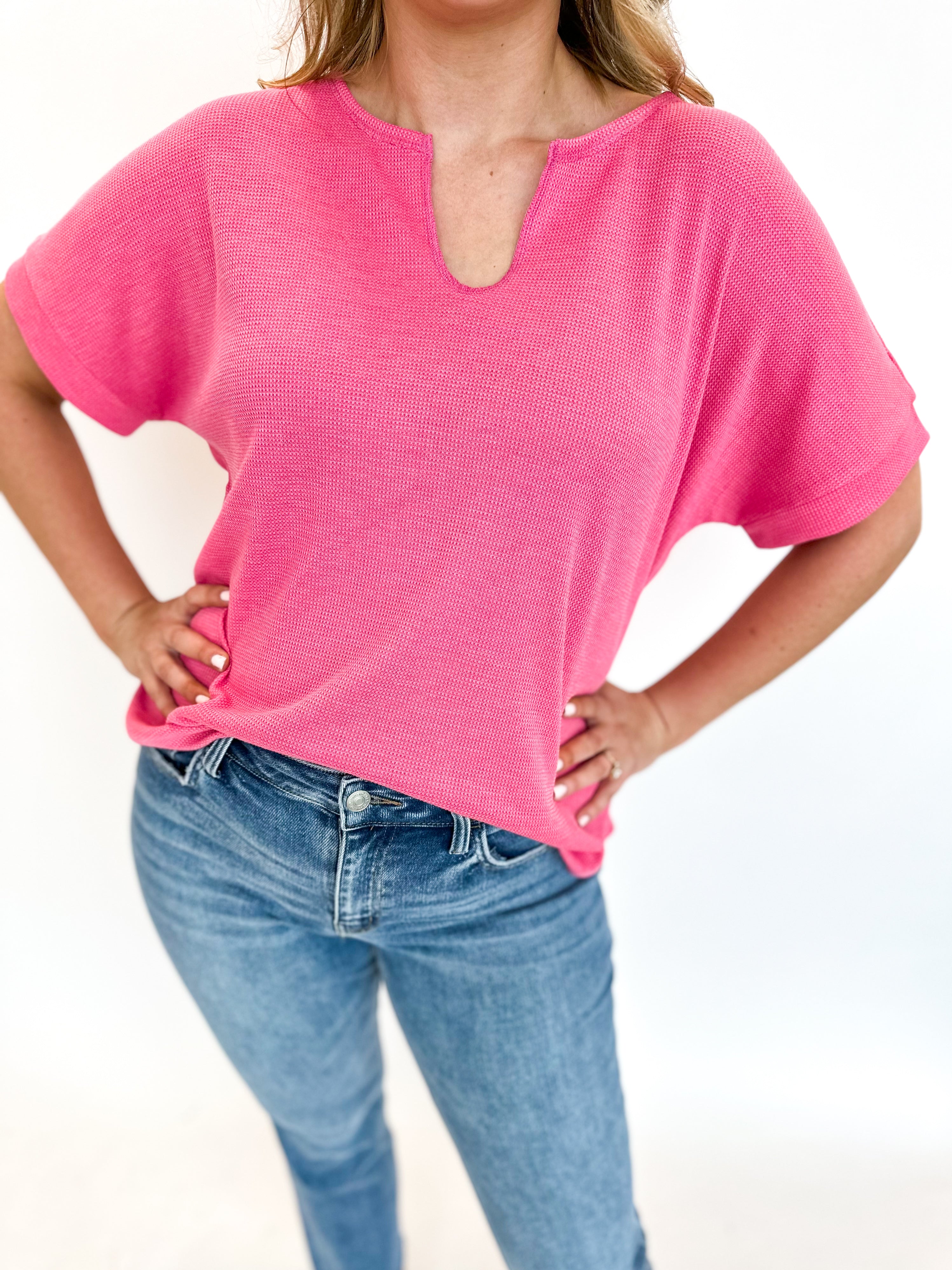 Casual V-Neck Tee - Pink-210 Casual Blouses-JODIFL-July & June Women's Fashion Boutique Located in San Antonio, Texas