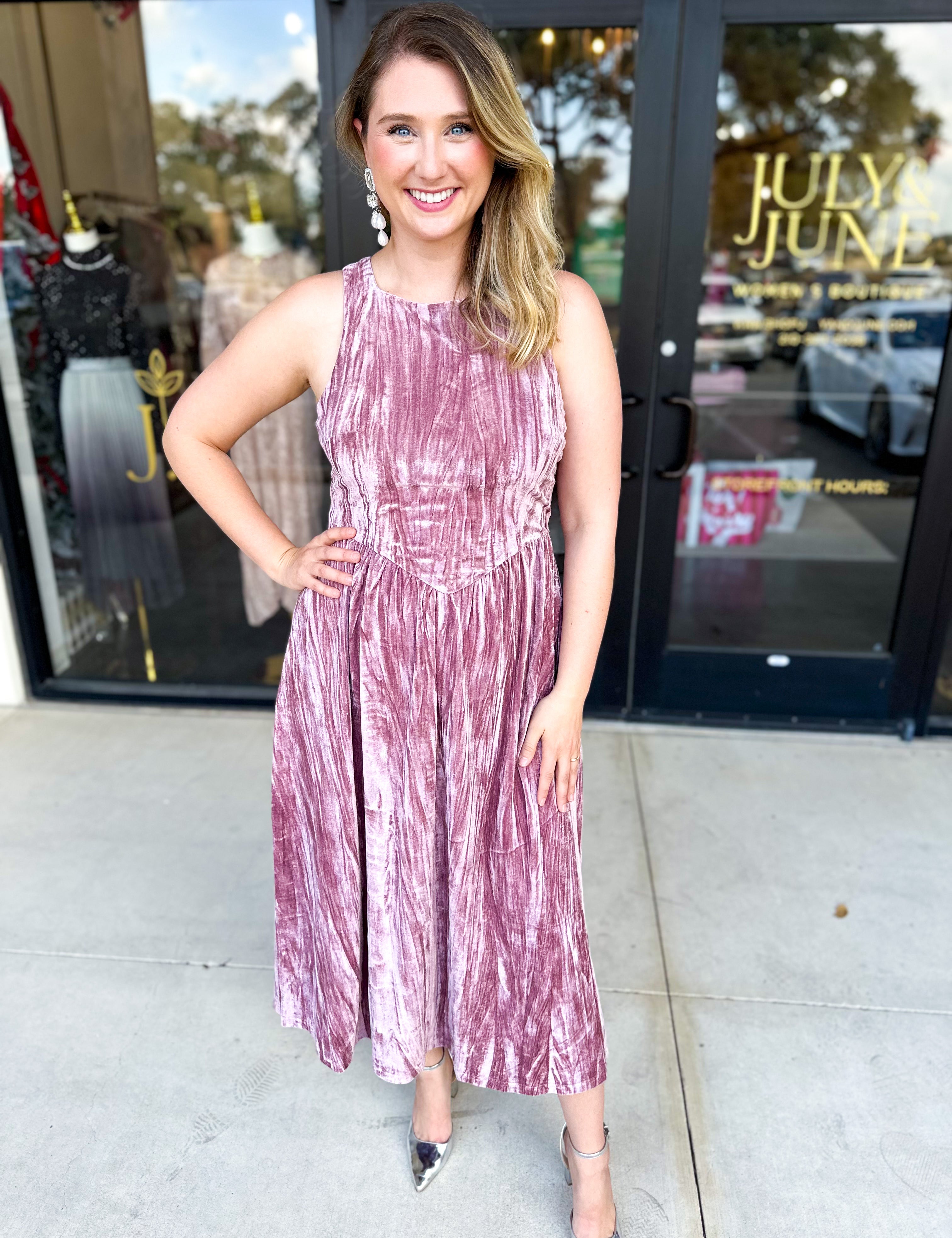 Blush Velvet Midi Dress-500 Midi-POLOGRAM-July & June Women's Fashion Boutique Located in San Antonio, Texas