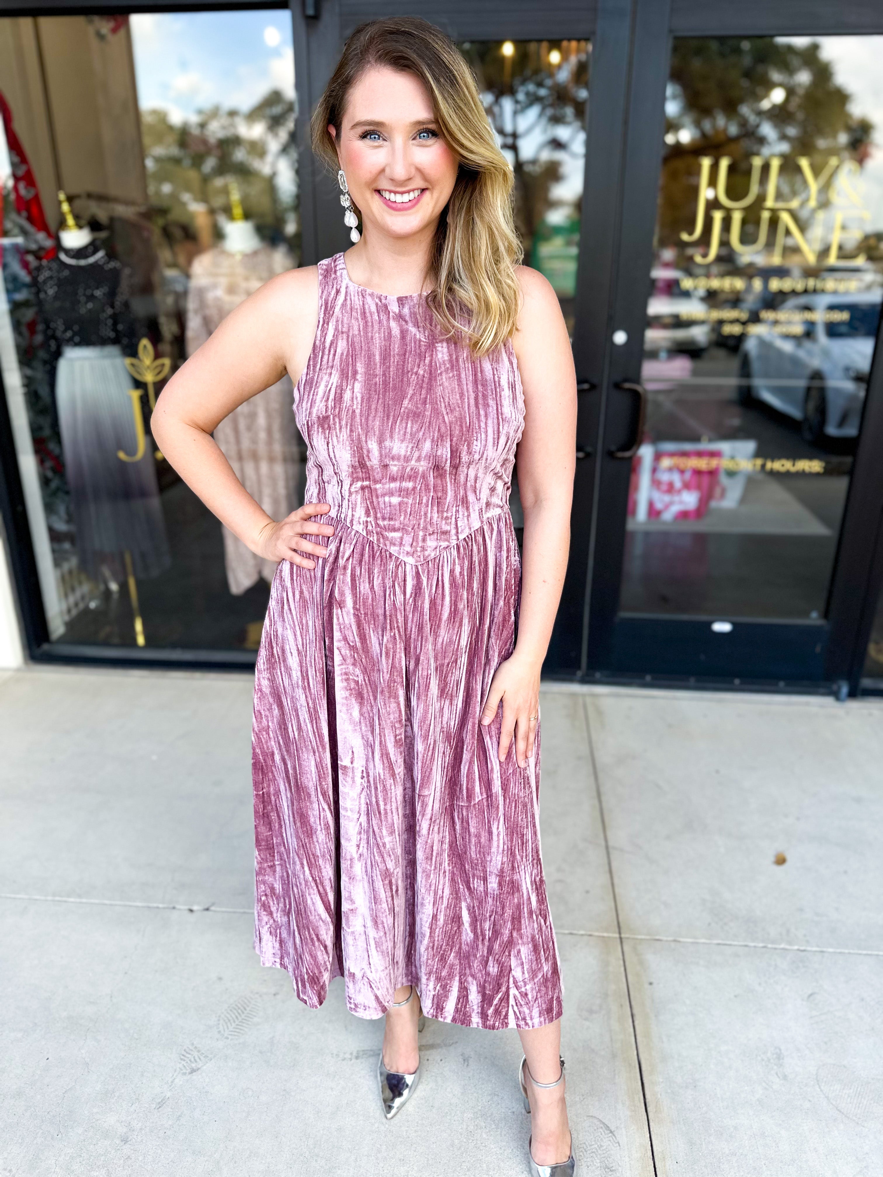 Blush Velvet Midi Dress-500 Midi-POLOGRAM-July & June Women's Fashion Boutique Located in San Antonio, Texas
