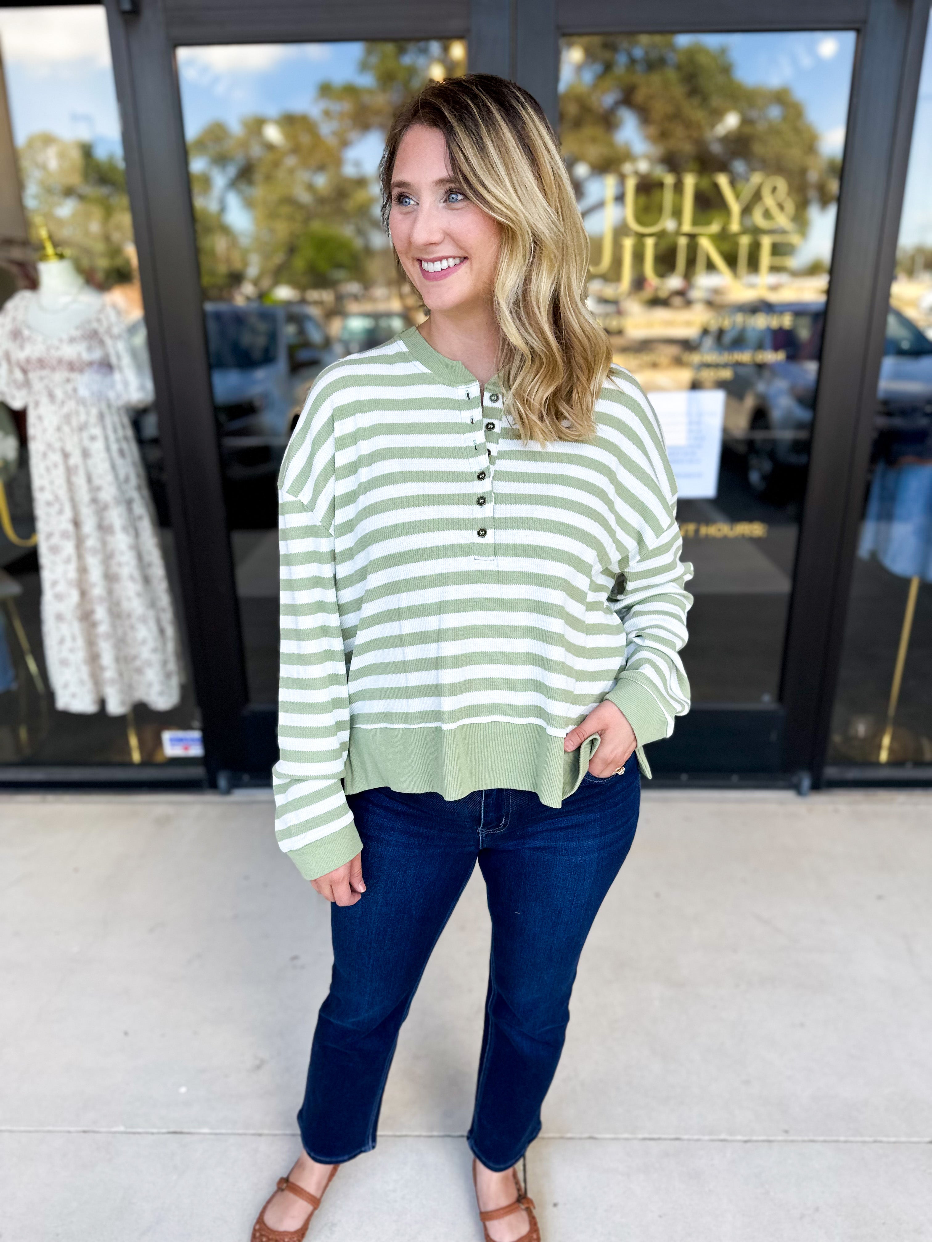 Casual Cool Henley Long Sleeve - Sage-210 Casual Blouses-POLOGRAM-July & June Women's Fashion Boutique Located in San Antonio, Texas