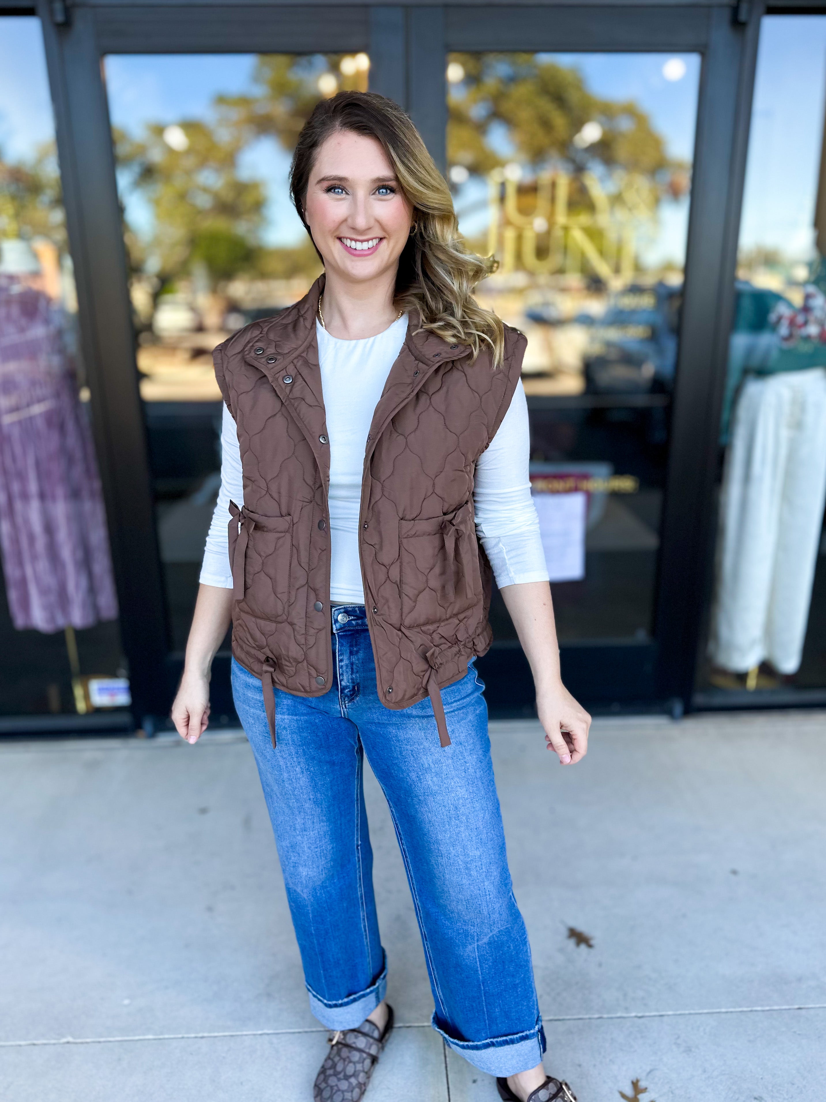 Quilted Bow Vest - Brown-600 Outerwear-BLU PEPPER-July & June Women's Fashion Boutique Located in San Antonio, Texas