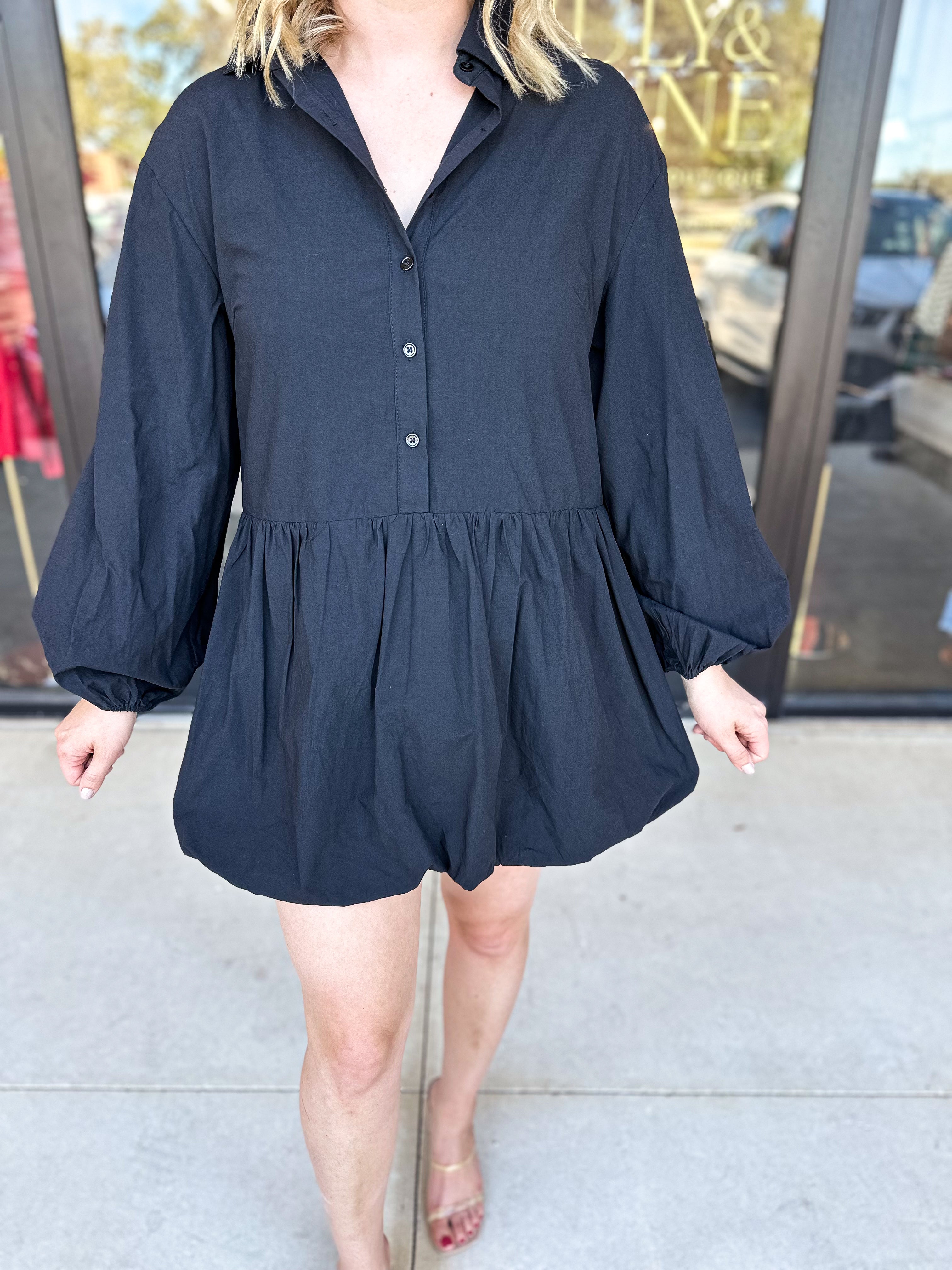 Black Long Sleeve Bubble Mini Dress-510 Mini-ABLE-July & June Women's Fashion Boutique Located in San Antonio, Texas