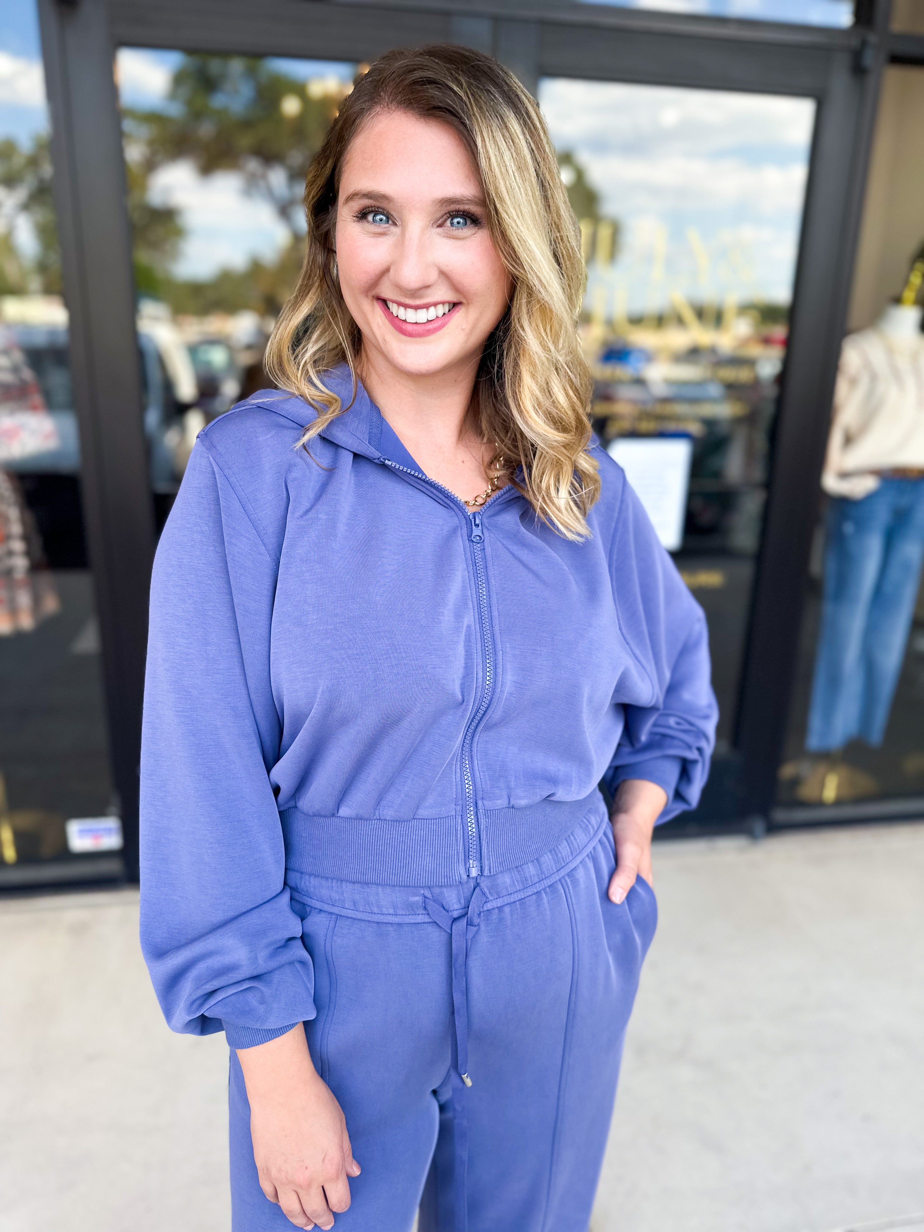 Soft Modal Hooded Jacket - Denim Blue-300 Athleisure/Lounge-SKIES ARE BLUE-July & June Women's Fashion Boutique Located in San Antonio, Texas