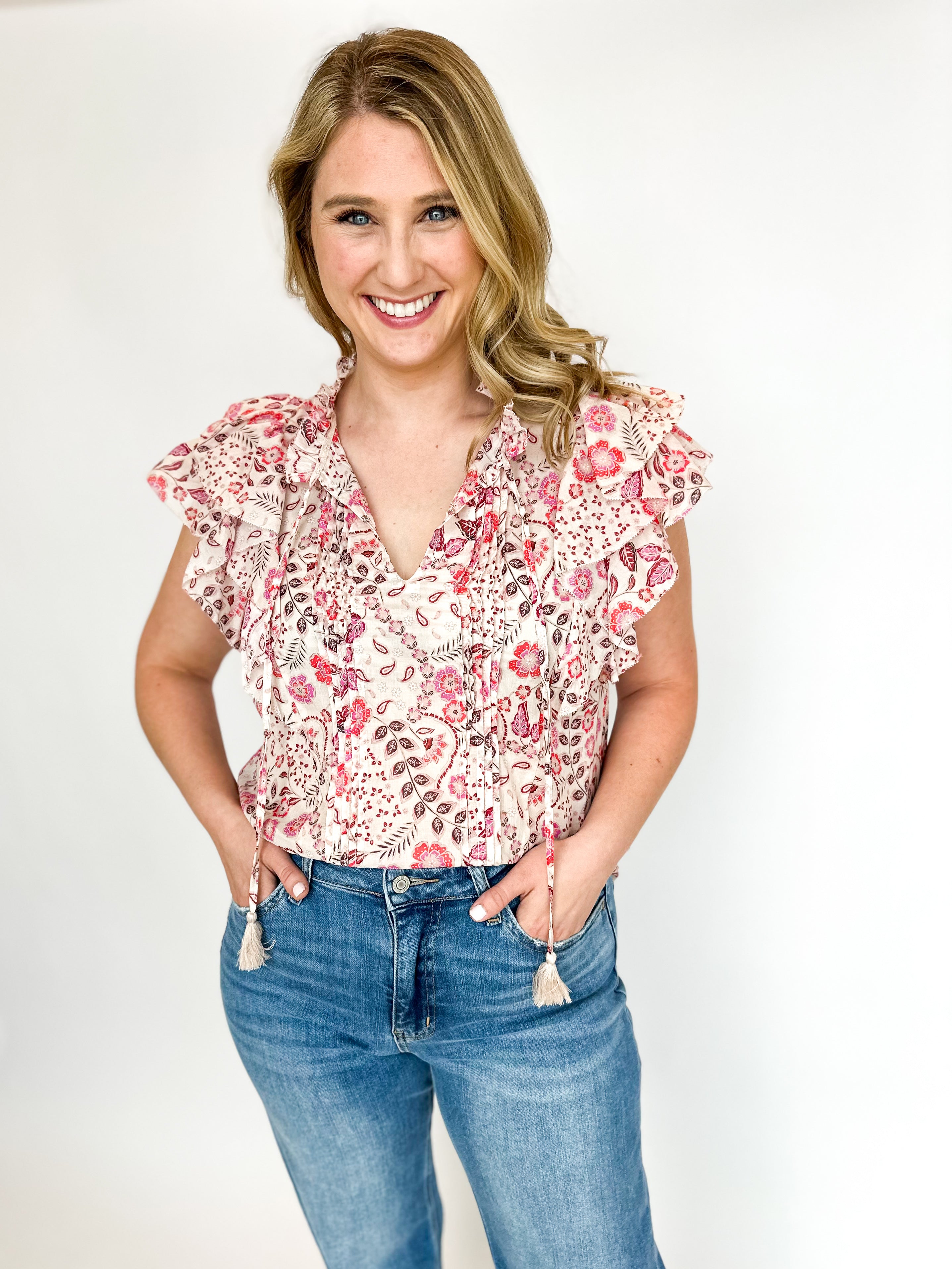 Cream & Pink Floral Blouse-200 Fashion Blouses-OLIVACEOUS-July & June Women's Fashion Boutique Located in San Antonio, Texas