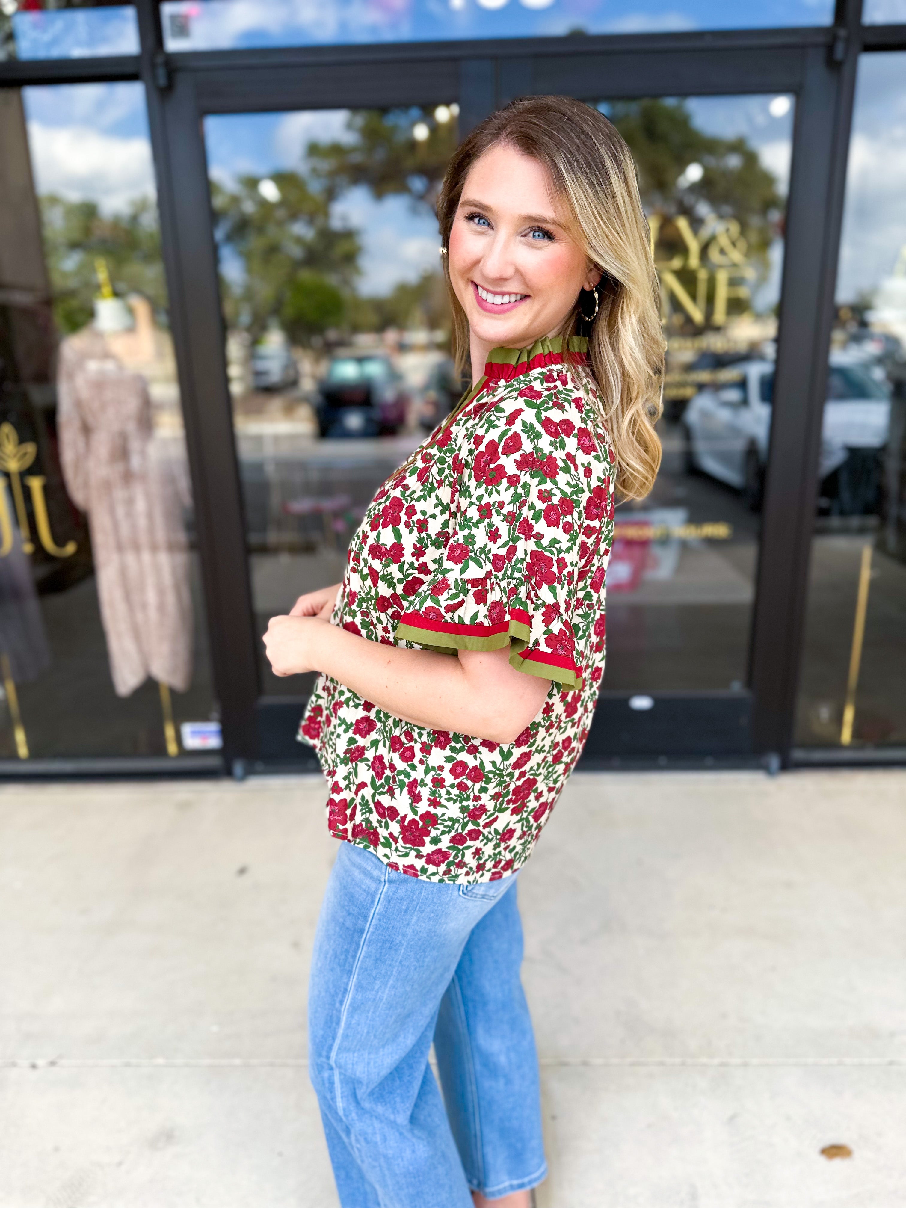 Burgundy & Olive Floral Blouse-200 Fashion Blouses-ENTRO-July & June Women's Fashion Boutique Located in San Antonio, Texas