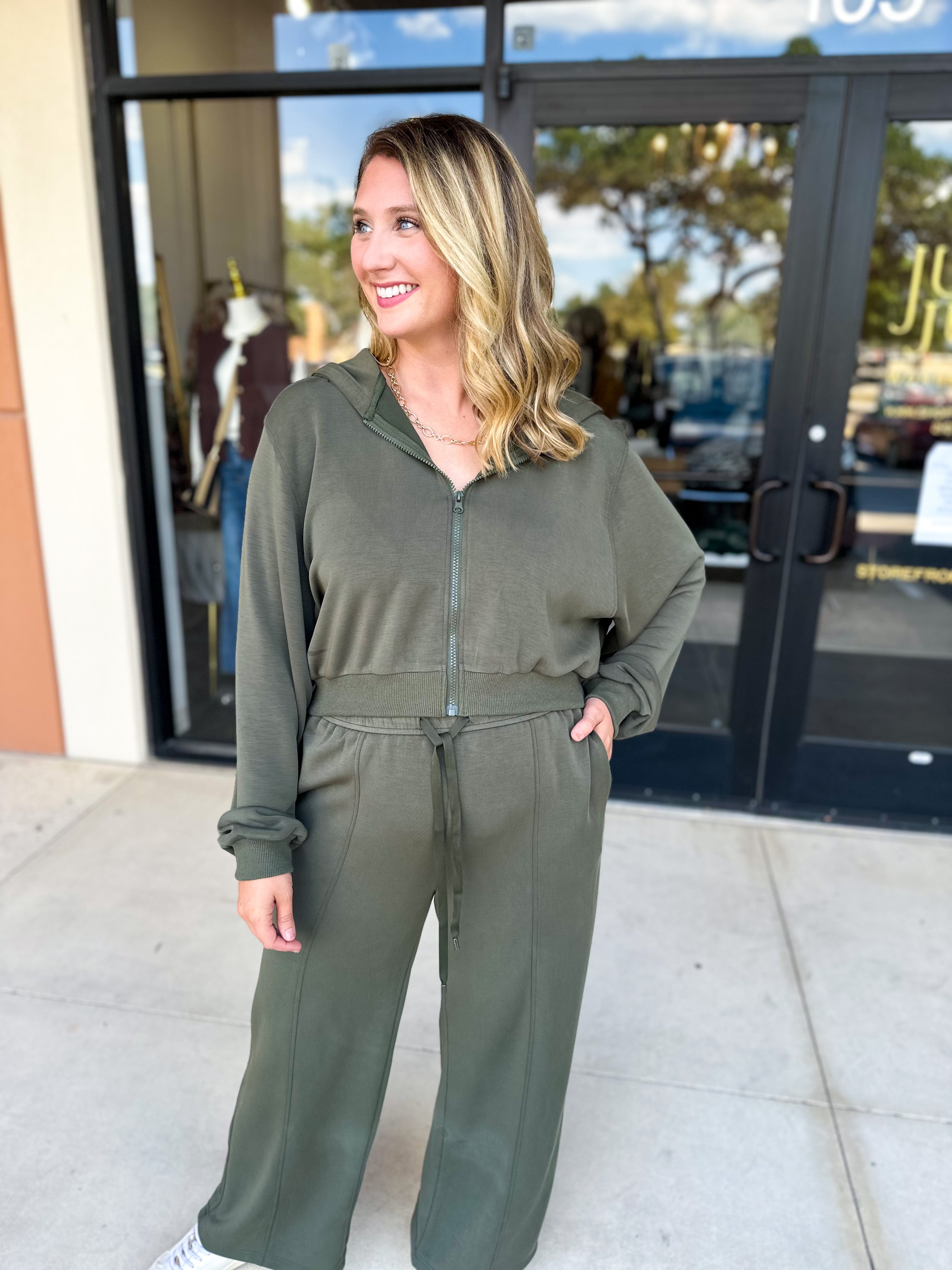 Soft Modal Hooded Jacket - Dark Olive-300 Athleisure/Lounge-SKIES ARE BLUE-July & June Women's Fashion Boutique Located in San Antonio, Texas