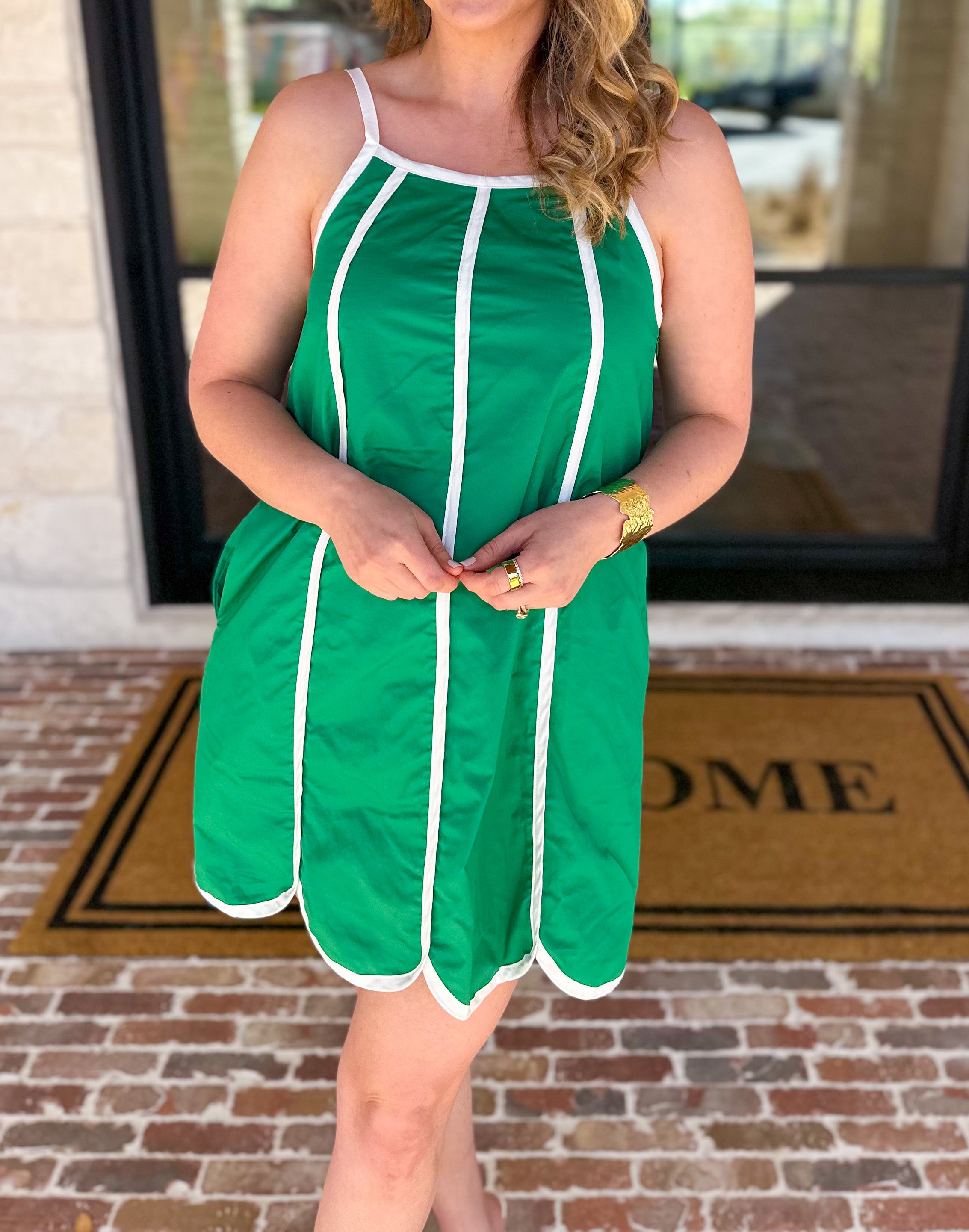 Kelly Green Scalloped Mini Dress-510 Mini-TCEC-July & June Women's Fashion Boutique Located in San Antonio, Texas