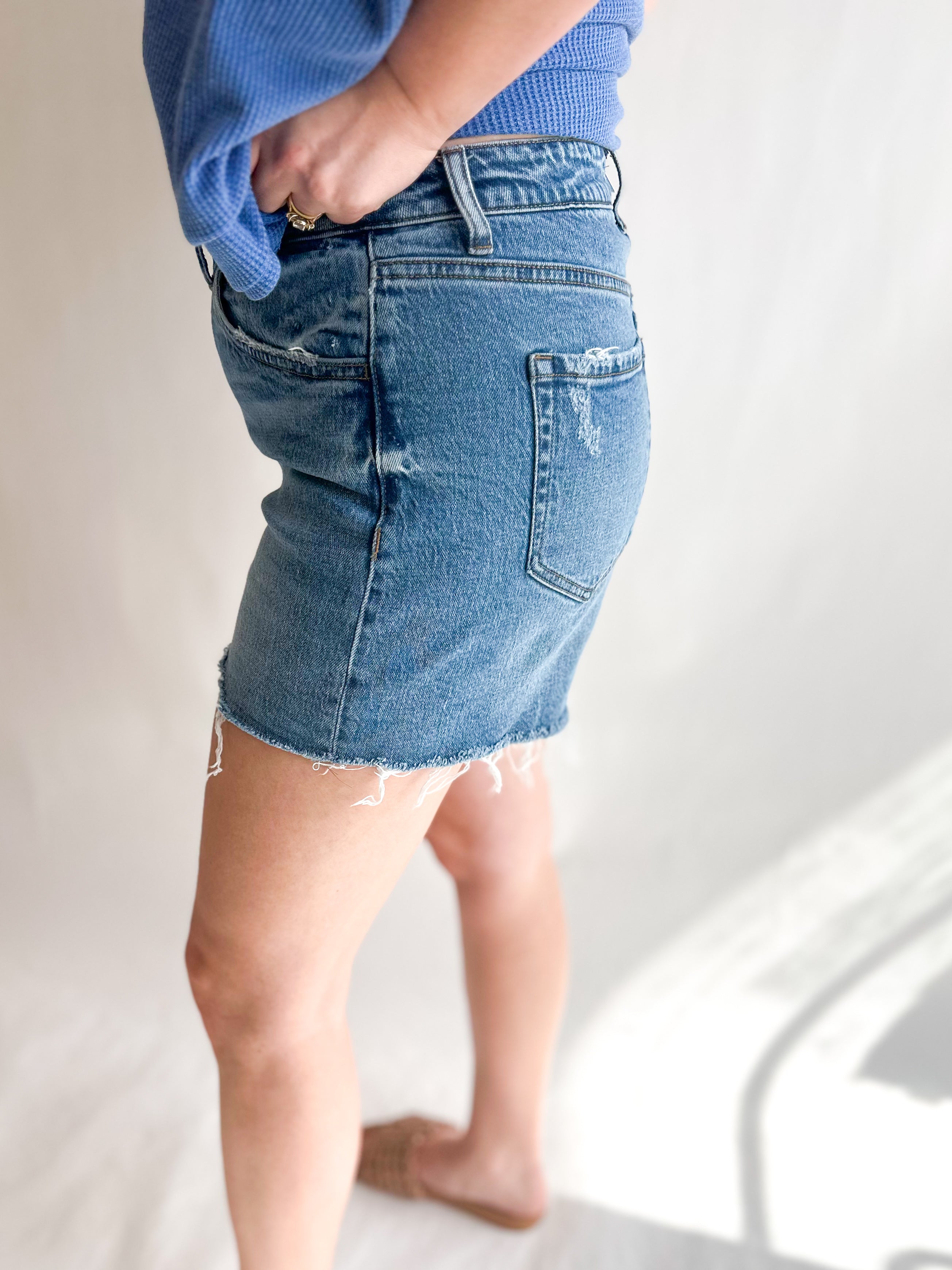 Vervet High Rise Distressed Denim Shorts-410 Shorts/Skirts-VEVERT BY FLYING MONKEY-July & June Women's Fashion Boutique Located in San Antonio, Texas