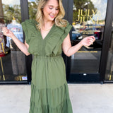 THML - Gather Midi Dress - Olive-500 Midi-THML-July & June Women's Fashion Boutique Located in San Antonio, Texas
