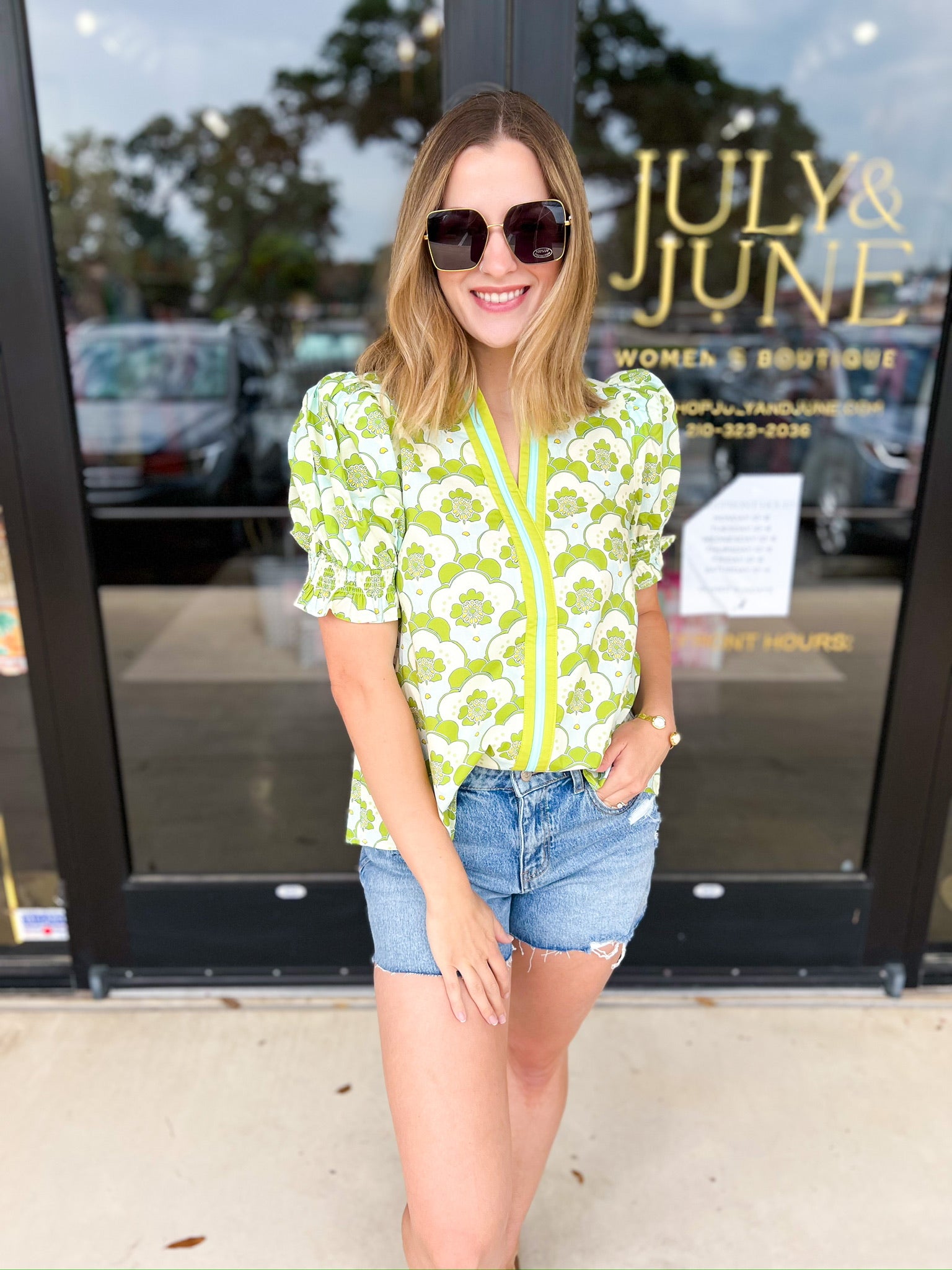 Chartreuse Floral Blouse-200 Fashion Blouses-ENTRO-July & June Women's Fashion Boutique Located in San Antonio, Texas