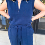 Soft Modal Zip Sleeveless Top - Navy - RESTOCK-210 Casual Blouses-SKIES ARE BLUE-July & June Women's Fashion Boutique Located in San Antonio, Texas