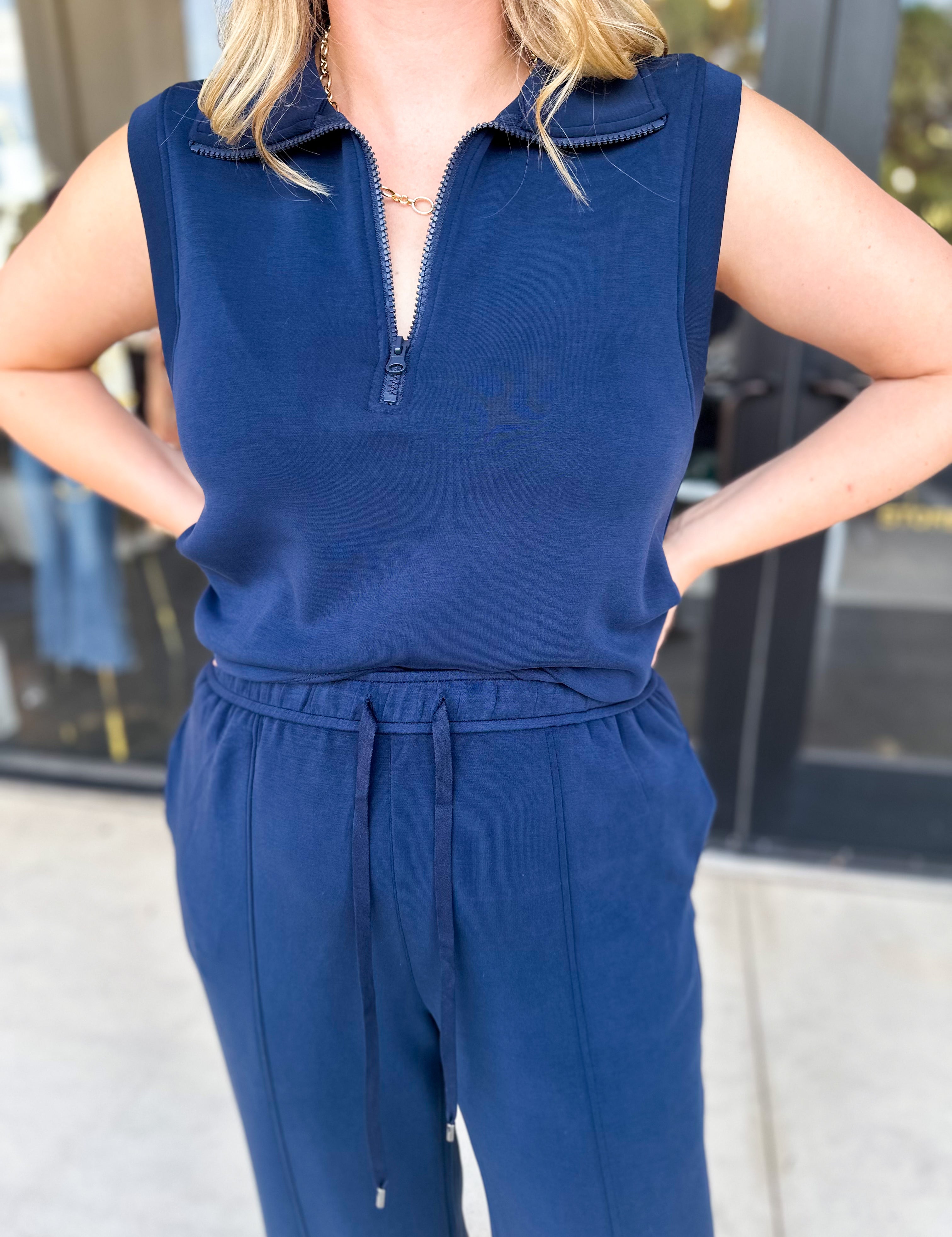 Soft Modal Zip Sleeveless Top - Navy - RESTOCK-210 Casual Blouses-SKIES ARE BLUE-July & June Women's Fashion Boutique Located in San Antonio, Texas