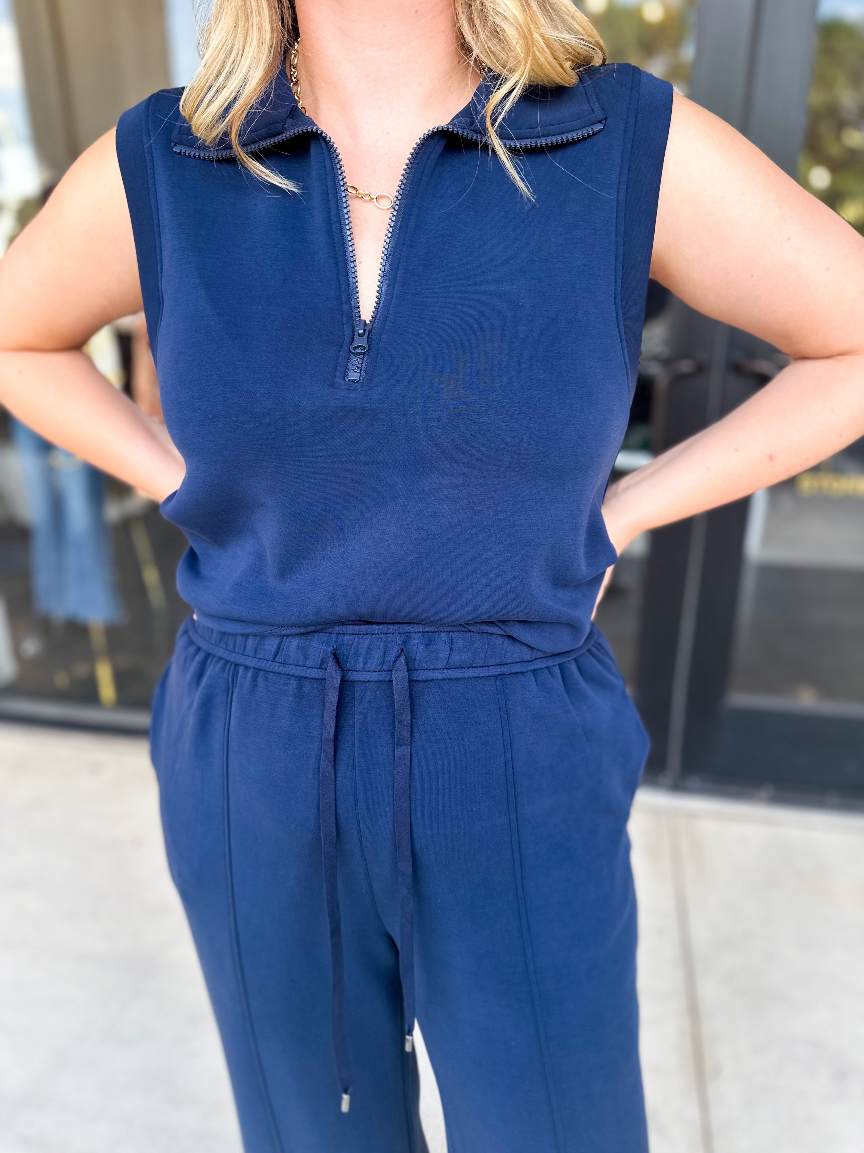 Soft Modal Zip Sleeveless Top - Navy - RESTOCK-210 Casual Blouses-SKIES ARE BLUE-July & June Women's Fashion Boutique Located in San Antonio, Texas