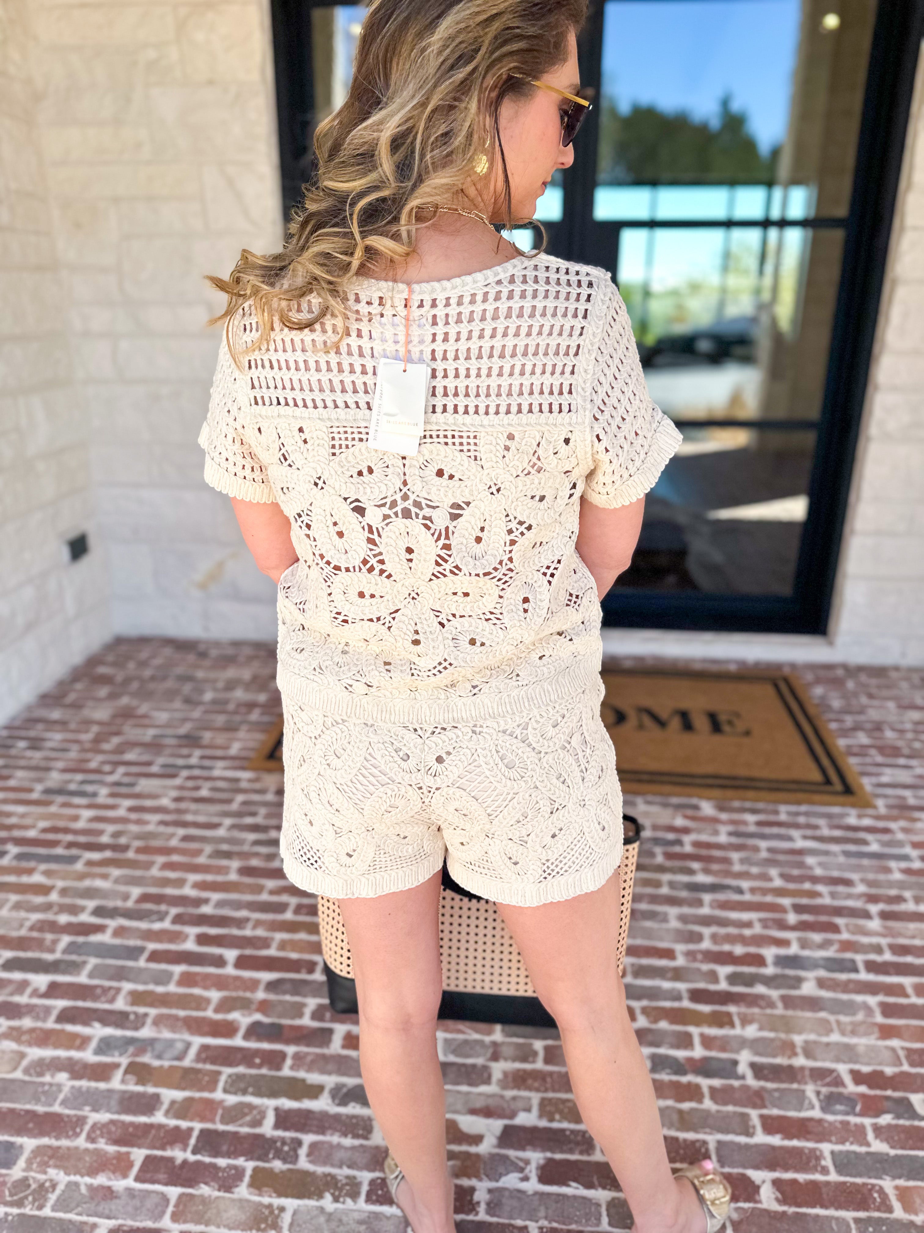 Luxe Crochet Knit Shorts Set-200 Fashion Blouses-SKIES ARE BLUE-July & June Women's Fashion Boutique Located in San Antonio, Texas