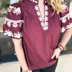 Maroon Embroidered Blouse-200 Fashion Blouses-ENTRO-July & June Women's Fashion Boutique Located in San Antonio, Texas