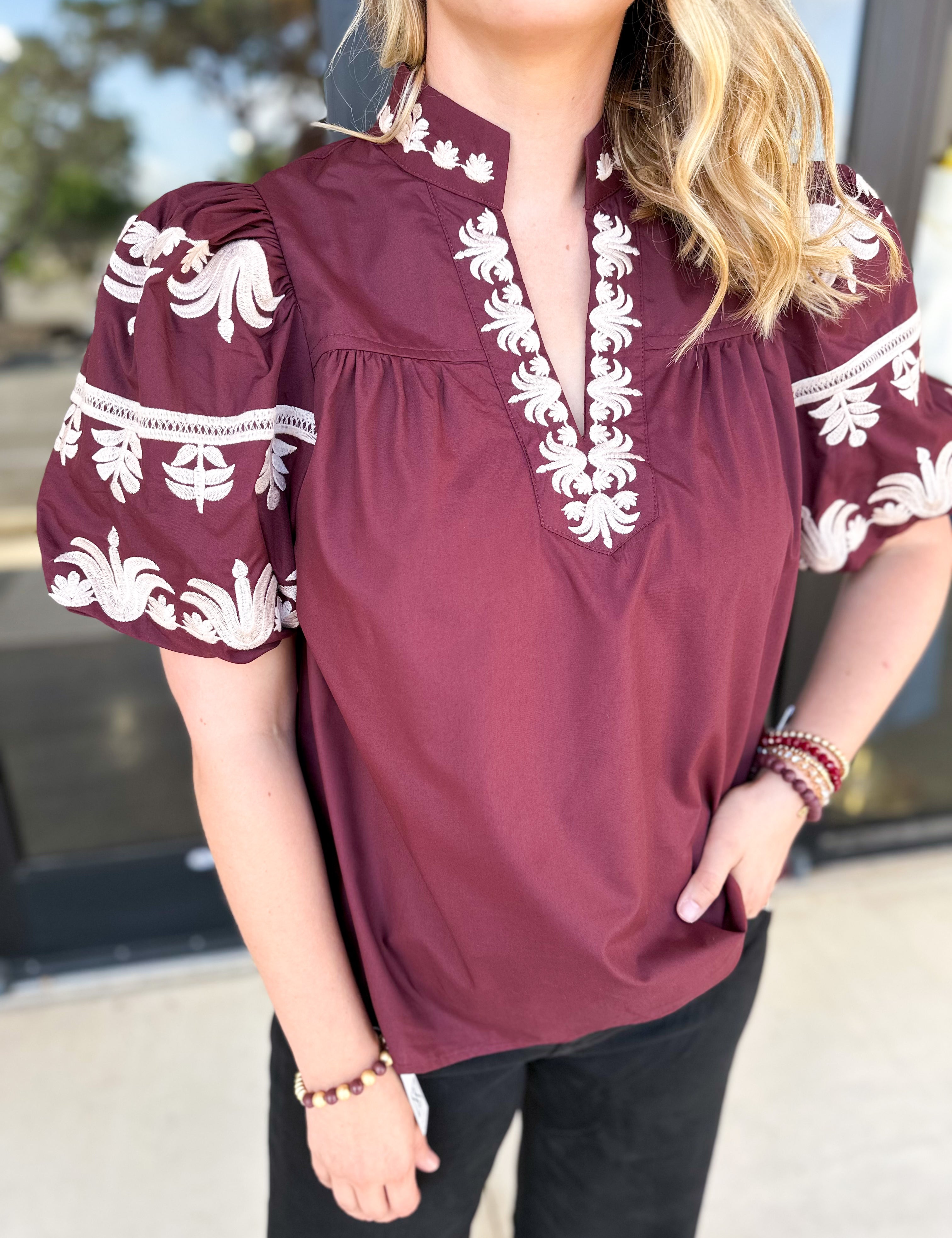 Maroon Embroidered Blouse-200 Fashion Blouses-ENTRO-July & June Women's Fashion Boutique Located in San Antonio, Texas