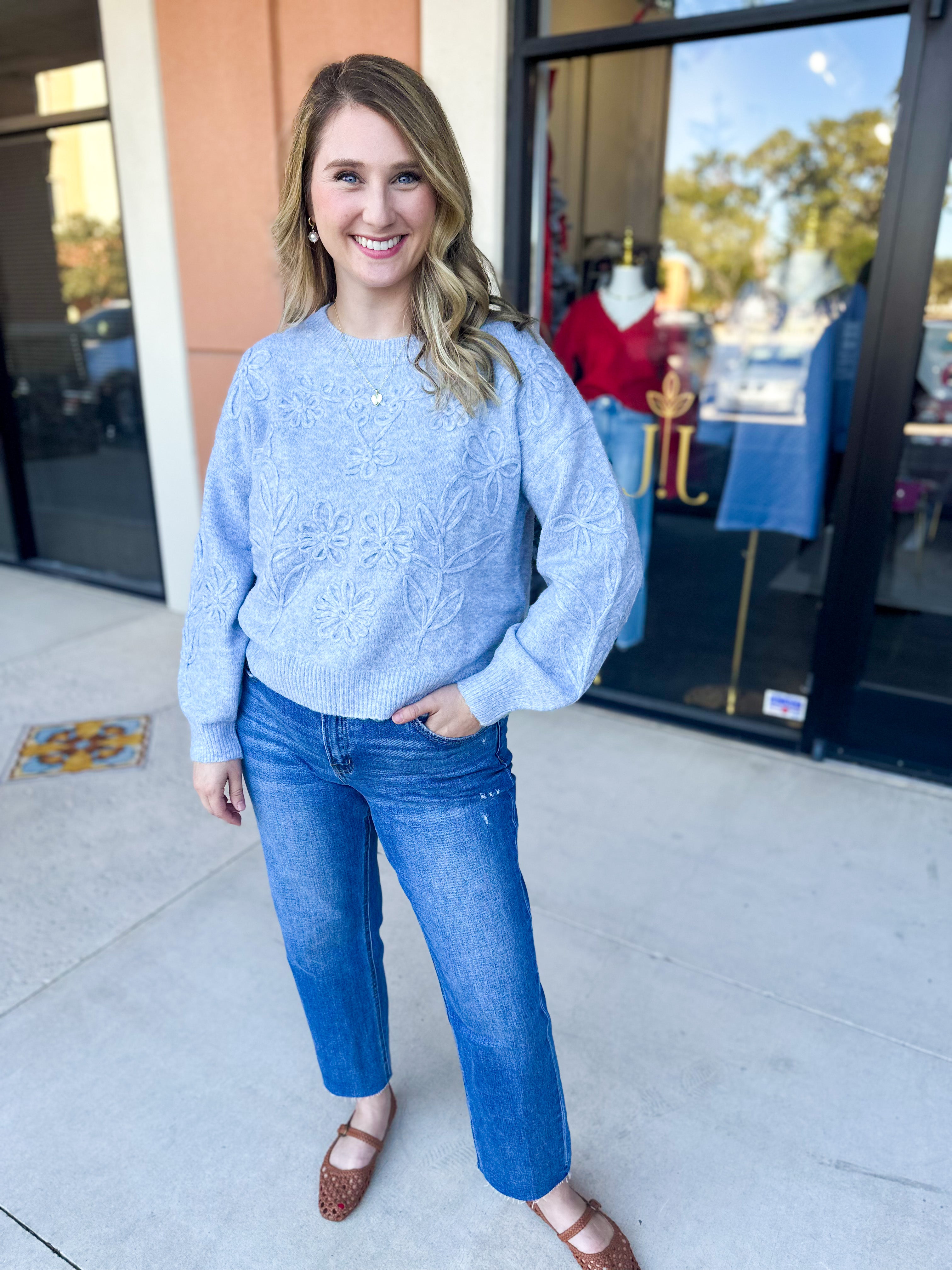 Heather Blue Floral Sweater-230 Sweaters/Cardis-ALLIE ROSE-July & June Women's Fashion Boutique Located in San Antonio, Texas