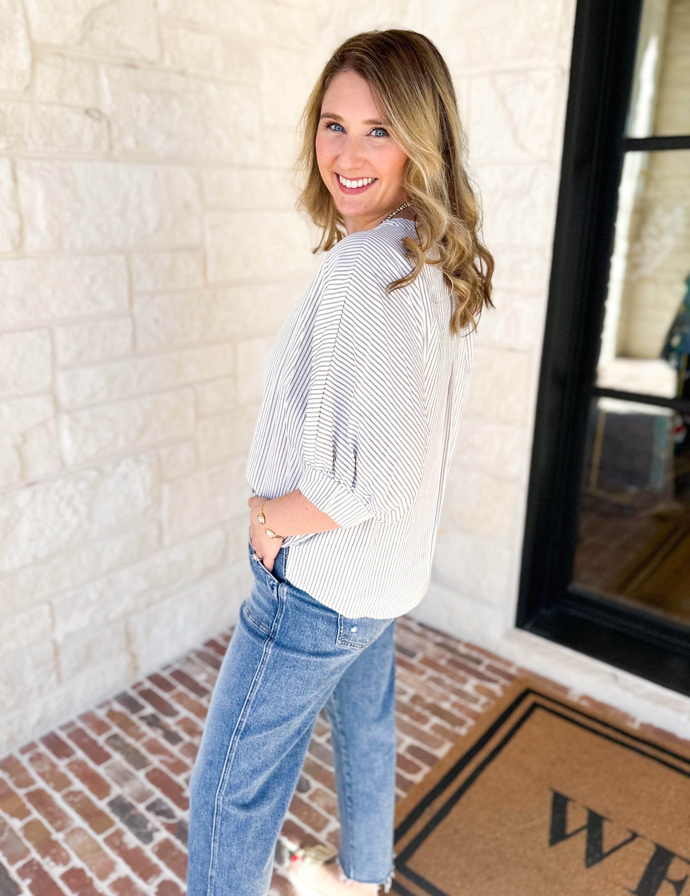 Stripe Dolman Blouse - Sage-200 Fashion Blouses-ALLIE ROSE-July & June Women's Fashion Boutique Located in San Antonio, Texas