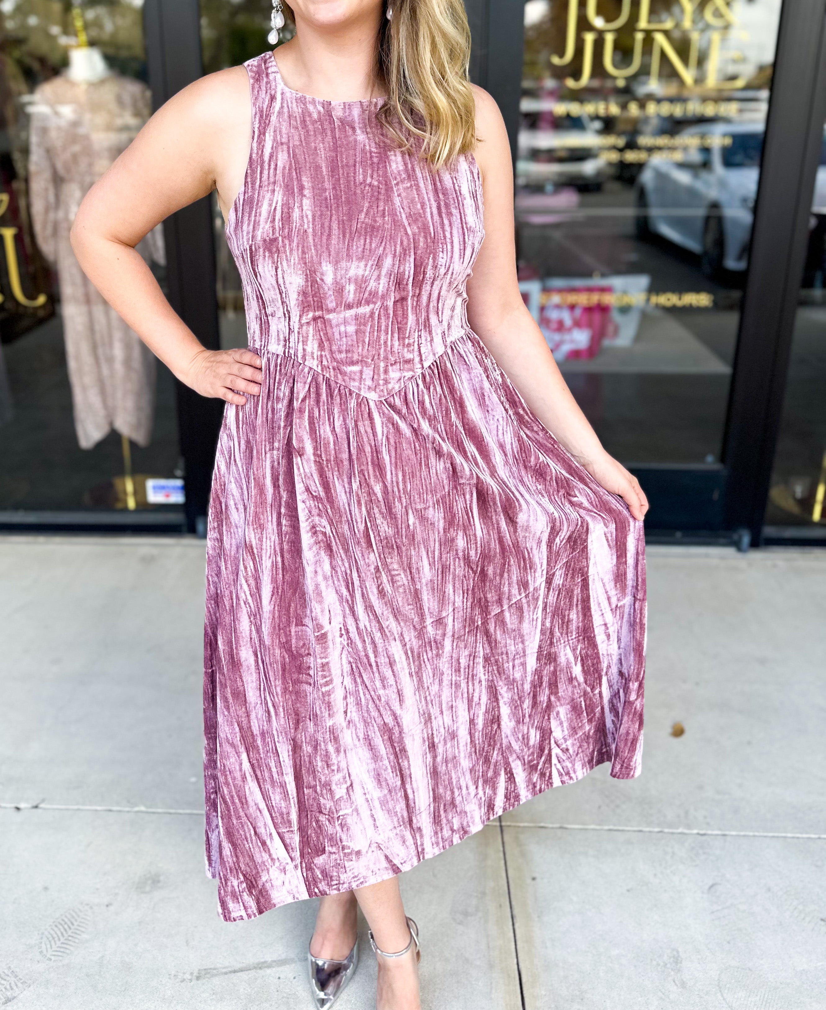 Blush Velvet Midi Dress-500 Midi-POLOGRAM-July & June Women's Fashion Boutique Located in San Antonio, Texas