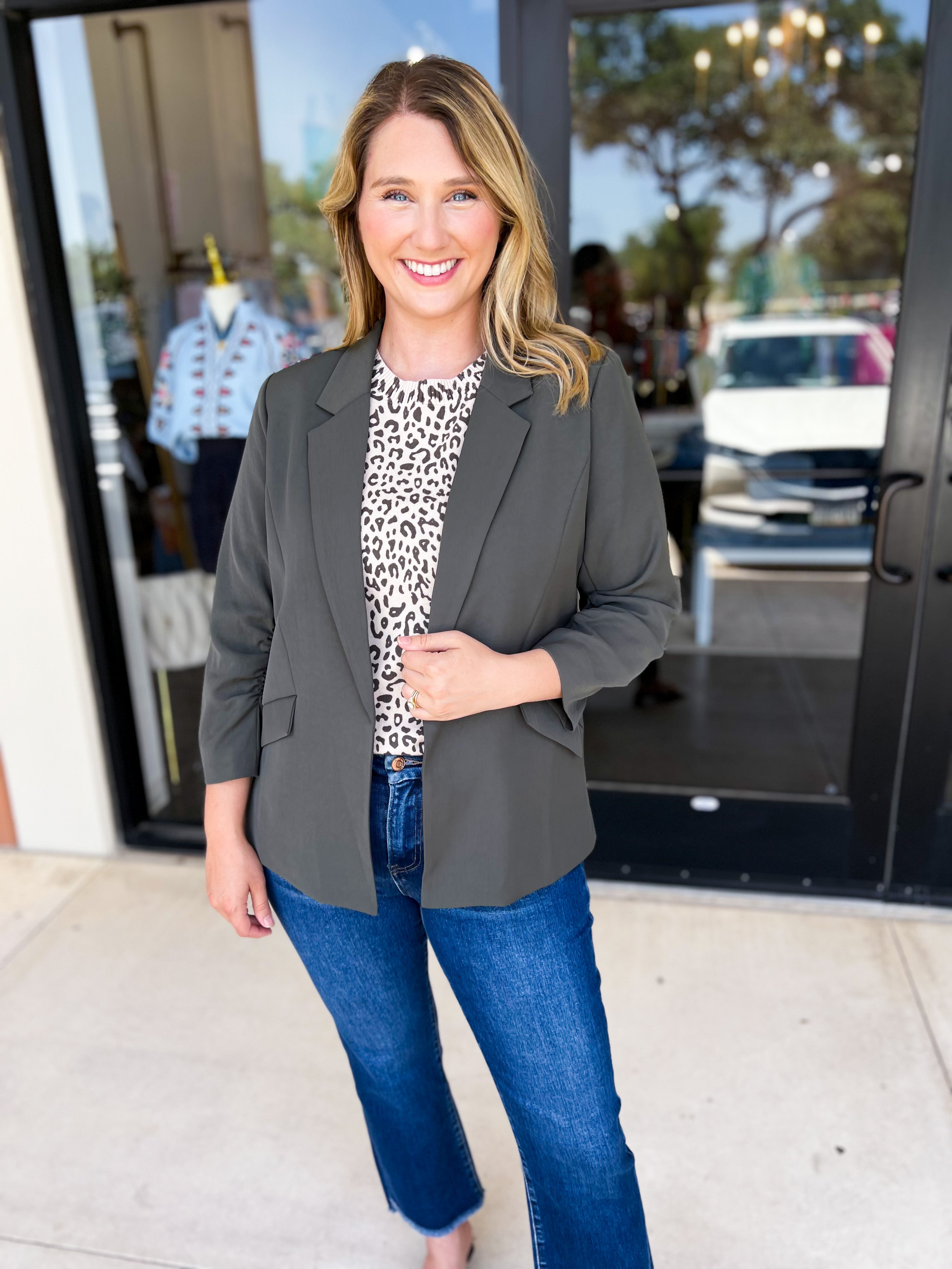 The Blair Blazer - Olive-600 Outerwear-SKIES ARE BLUE-July & June Women's Fashion Boutique Located in San Antonio, Texas