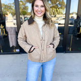 Khaki & Suede Jacket-600 Outerwear-ENTRO-July & June Women's Fashion Boutique Located in San Antonio, Texas