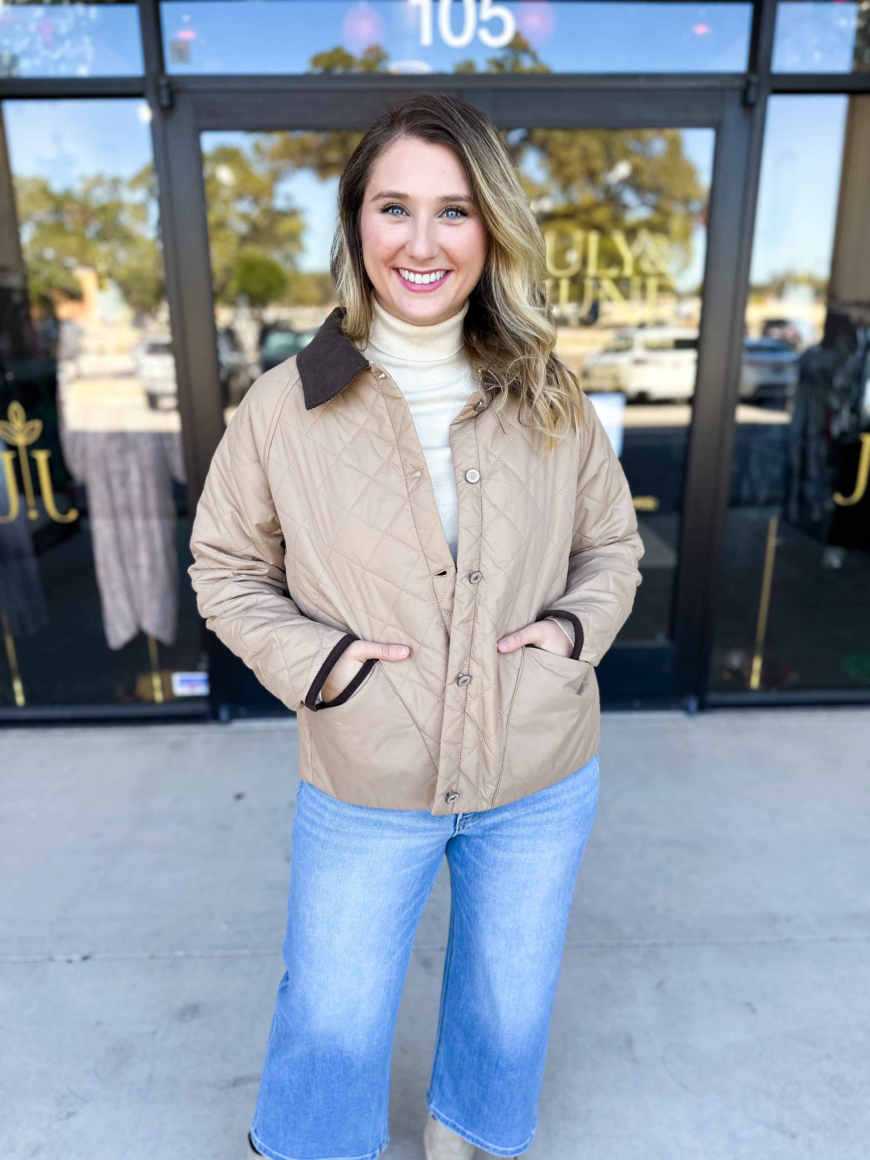 Khaki & Suede Jacket-600 Outerwear-ENTRO-July & June Women's Fashion Boutique Located in San Antonio, Texas