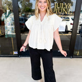 THML - Cream Textured Flutter Sleeve Blouse-200 Fashion Blouses-THML-July & June Women's Fashion Boutique Located in San Antonio, Texas