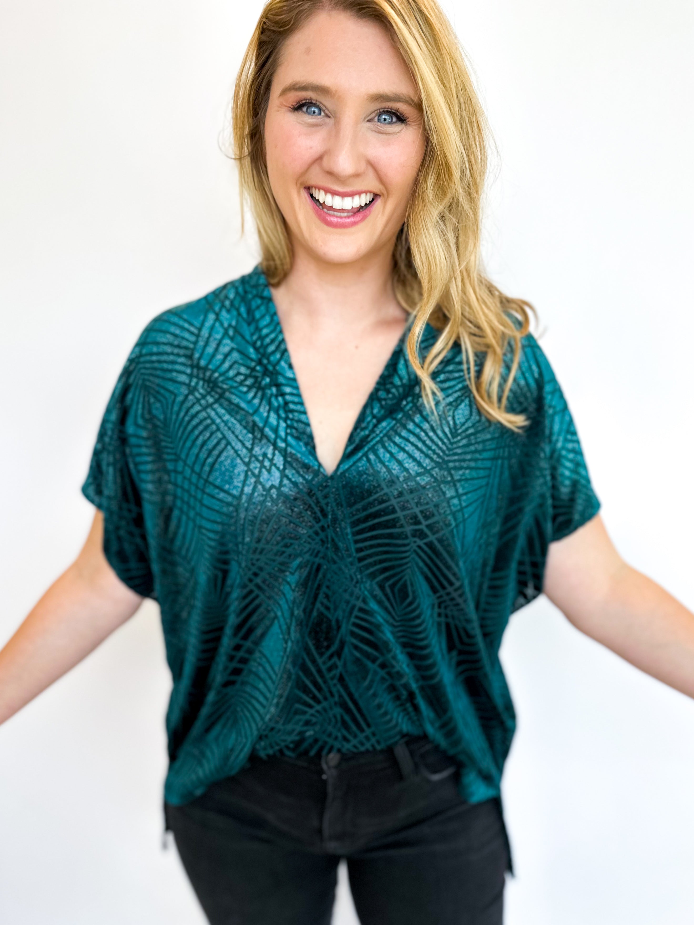 Winter Teal Velvet Blouse-200 Fashion Blouses-ADRIENNE-July & June Women's Fashion Boutique Located in San Antonio, Texas