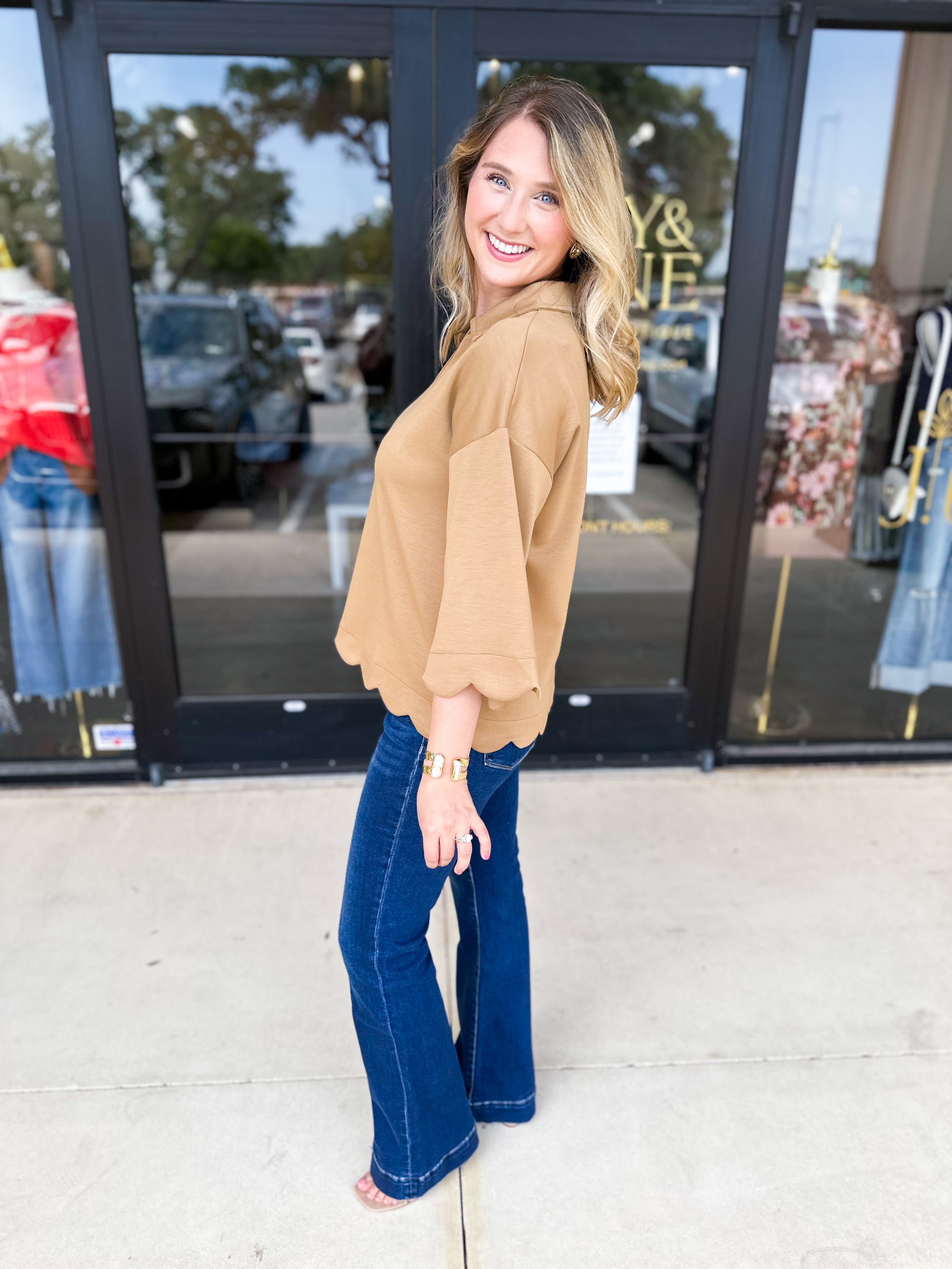 Soft Scalloped Top - Camel-200 Fashion Blouses-JODIFL-July & June Women's Fashion Boutique Located in San Antonio, Texas