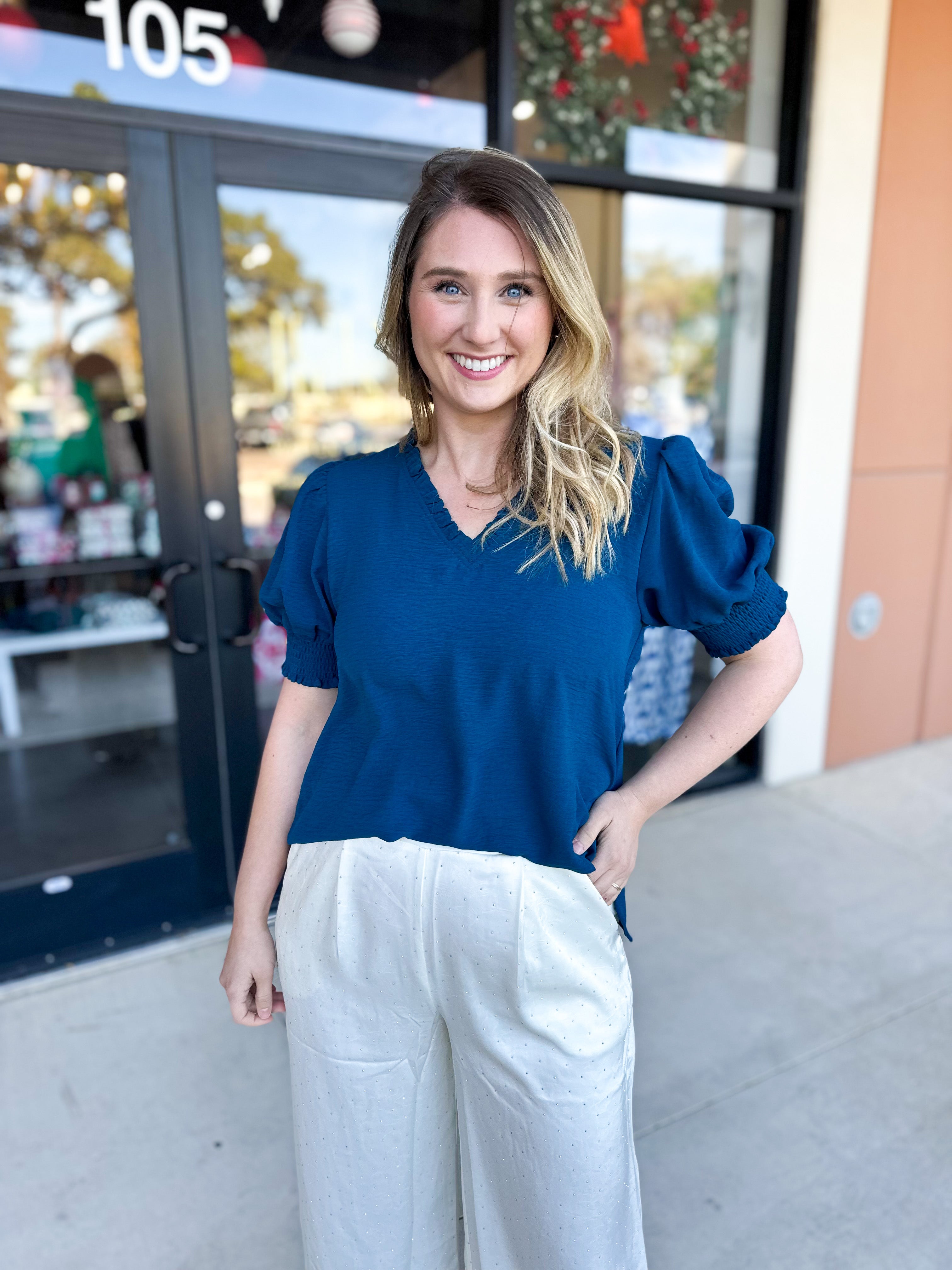 Everyday Ruffle V-Neck Blouse - Teal-200 Fashion Blouses-JODIFL-July & June Women's Fashion Boutique Located in San Antonio, Texas