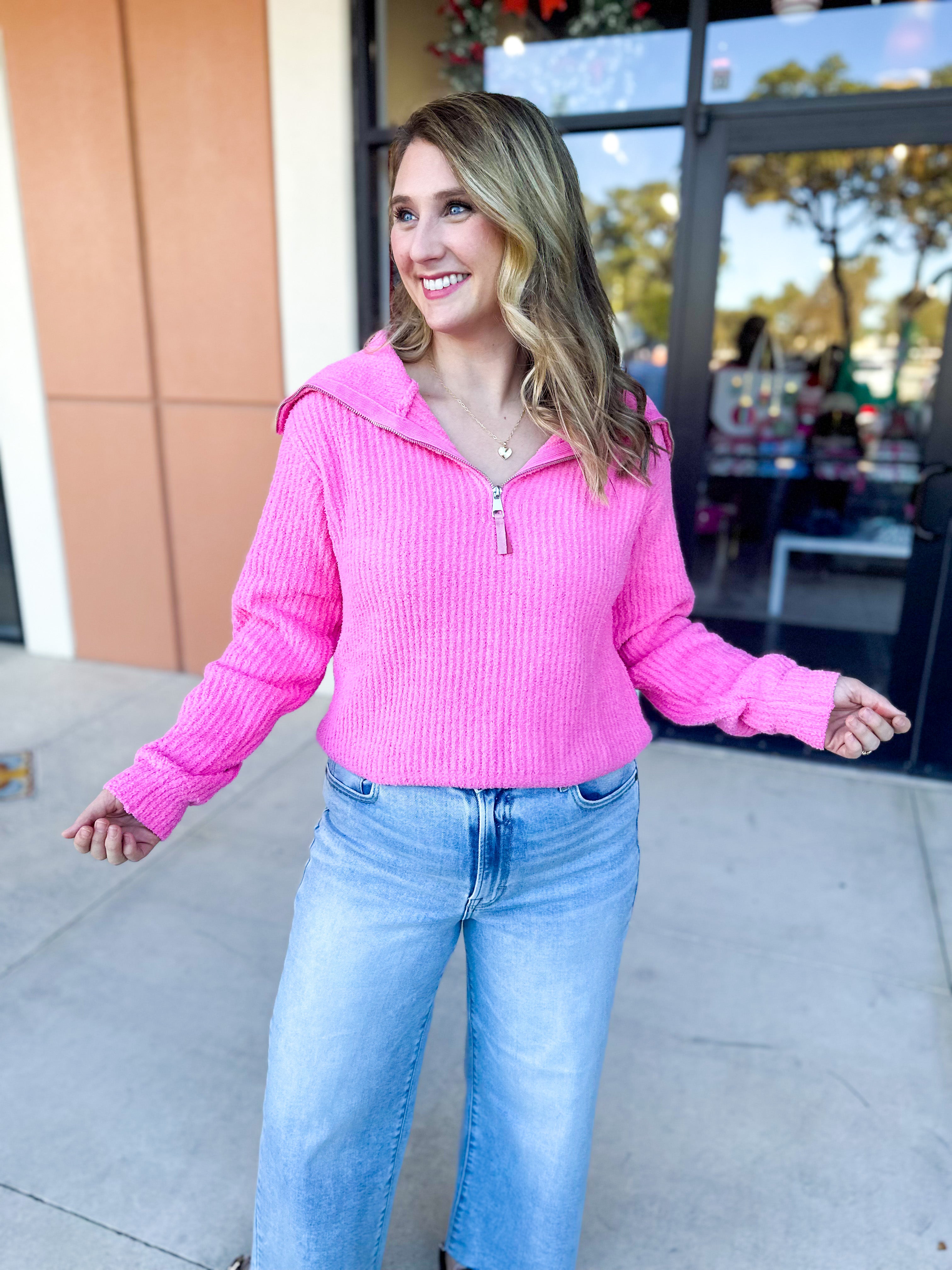 Bubblegum Pink Zip Sweater Top-230 Sweaters/Cardis-ALLIE ROSE-July & June Women's Fashion Boutique Located in San Antonio, Texas