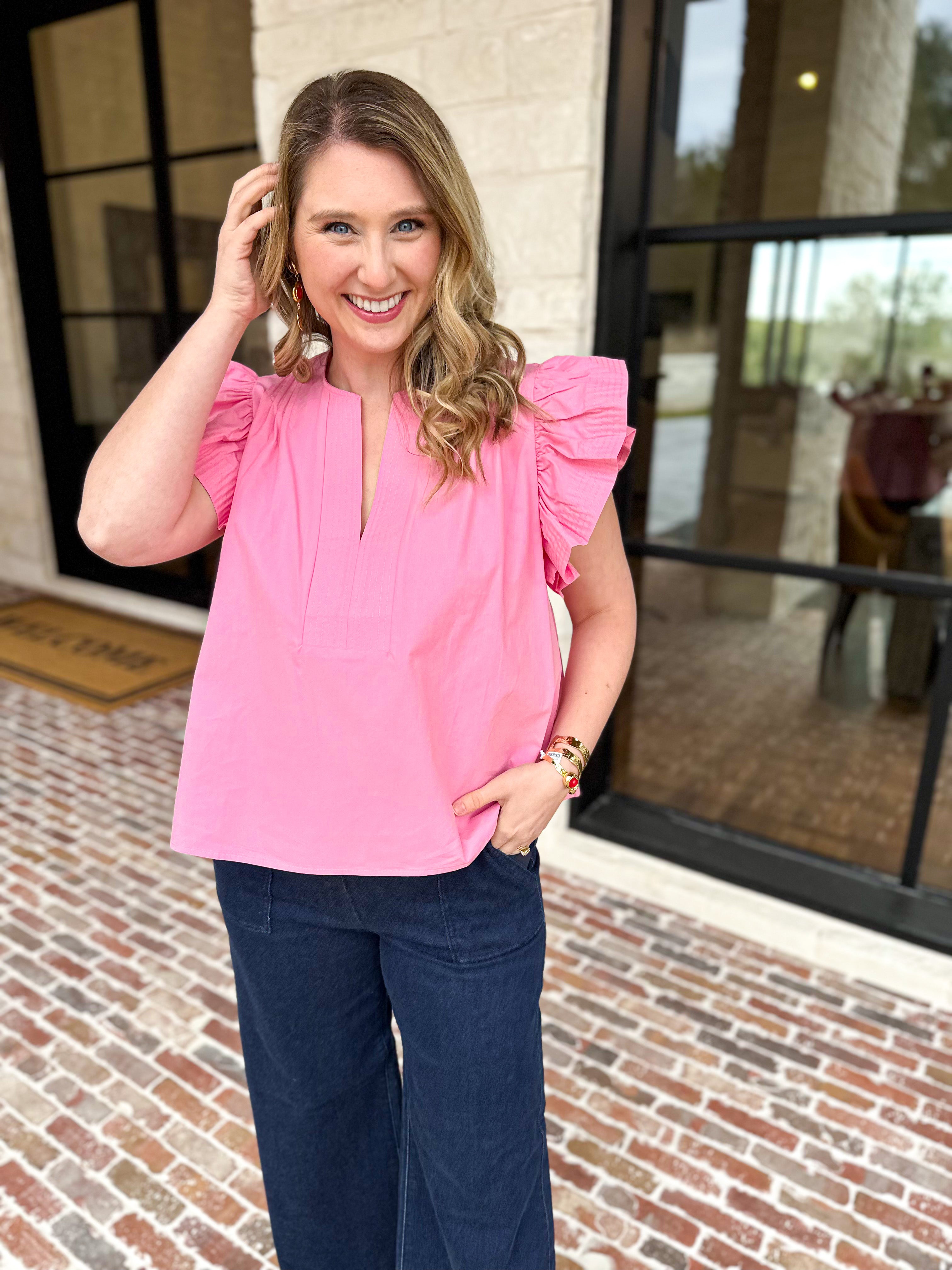 Flutter Sleeve Poplin Blouse - Pink-200 Fashion Blouses-STRUT & BOLT-July & June Women's Fashion Boutique Located in San Antonio, Texas