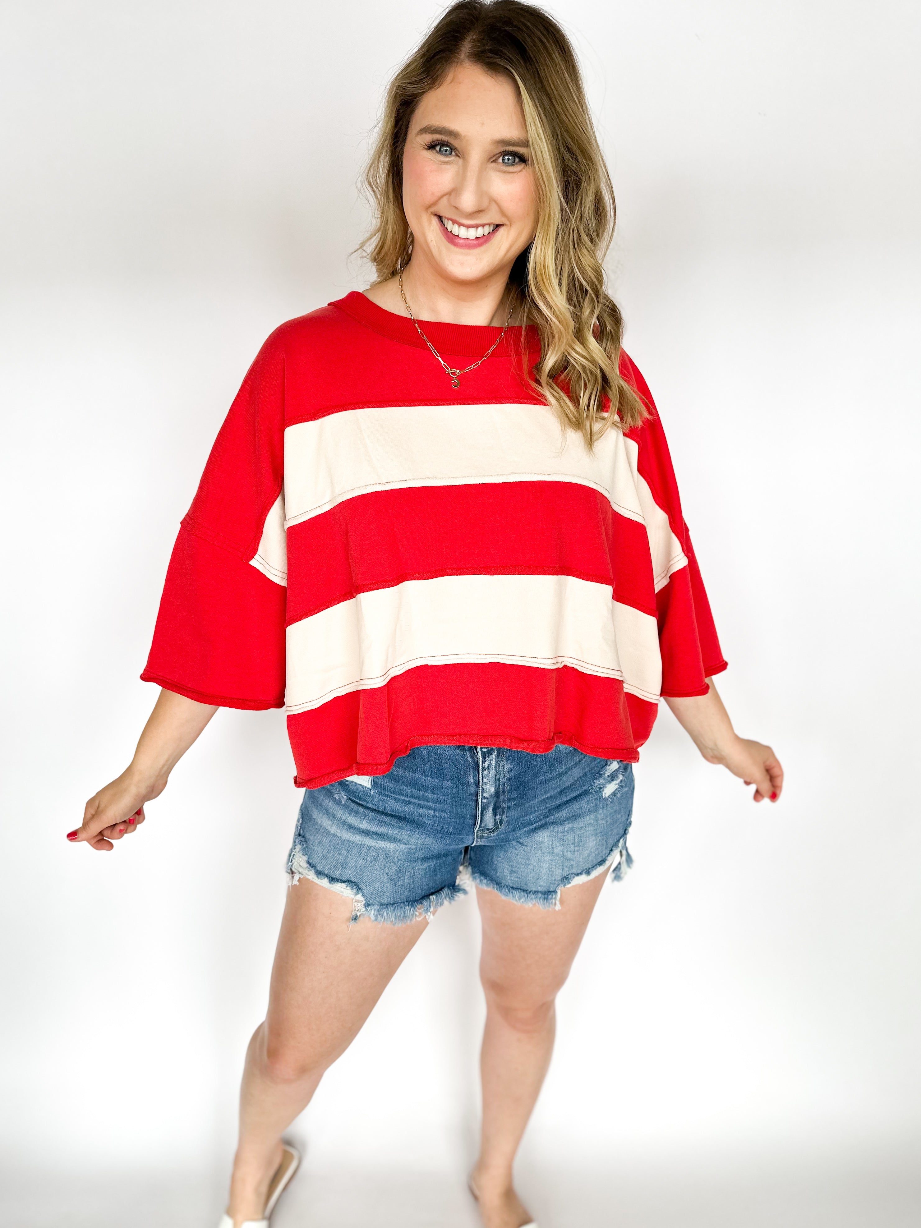American Girl Oversized Tea - Red-210 Casual Blouses-FANTASTIC FAWN-July & June Women's Fashion Boutique Located in San Antonio, Texas