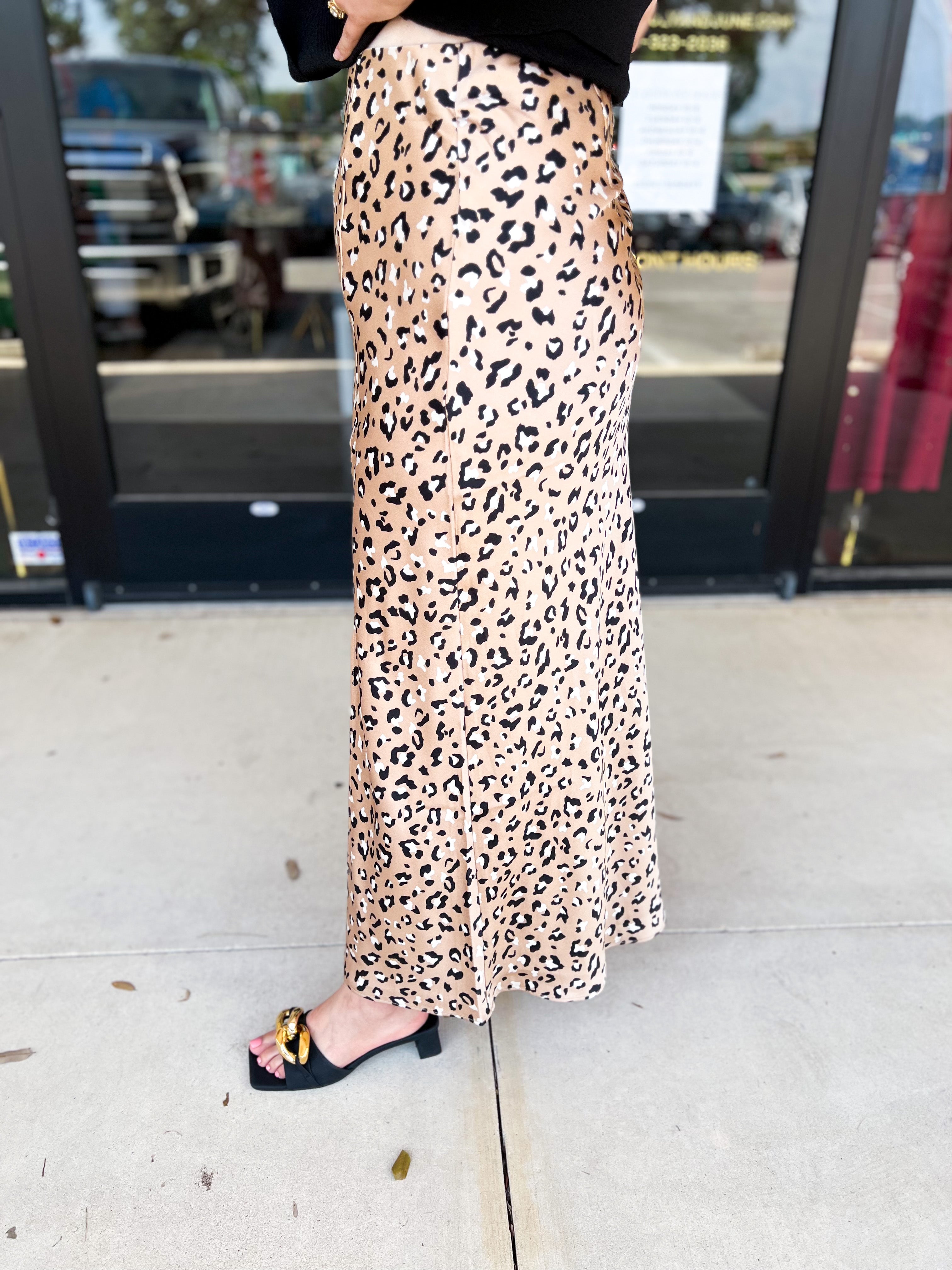 Cheetah Satin Midi Skirt-410 Shorts/Skirts-SKIES ARE BLUE-July & June Women's Fashion Boutique Located in San Antonio, Texas