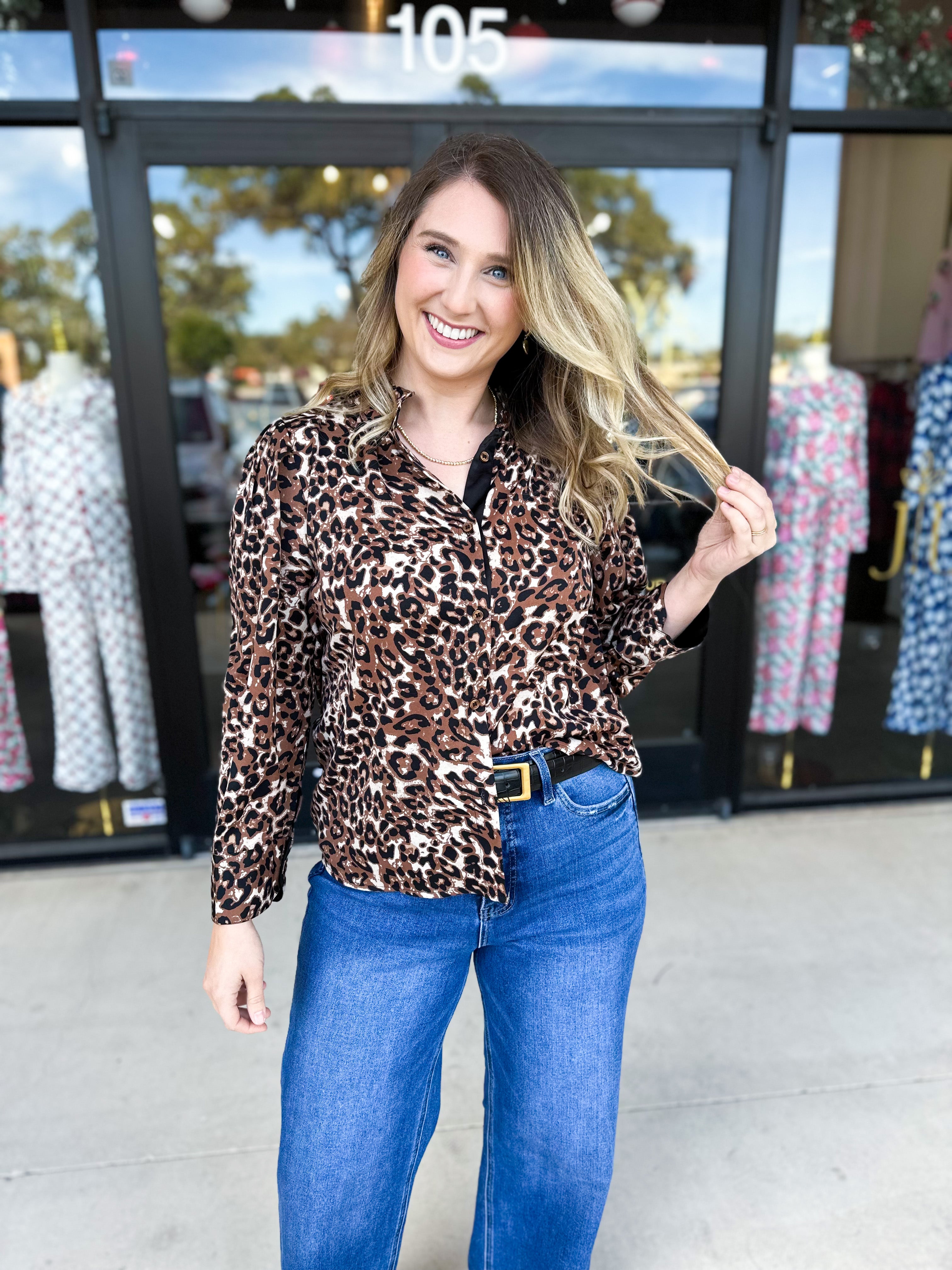 Golden Animal Print Blouse-200 Fashion Blouses-JODIFL-July & June Women's Fashion Boutique Located in San Antonio, Texas