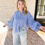 Pinstripe Bubble Sleeve Blouse - Baby Blue-200 Fashion Blouses-FATE-July & June Women's Fashion Boutique Located in San Antonio, Texas