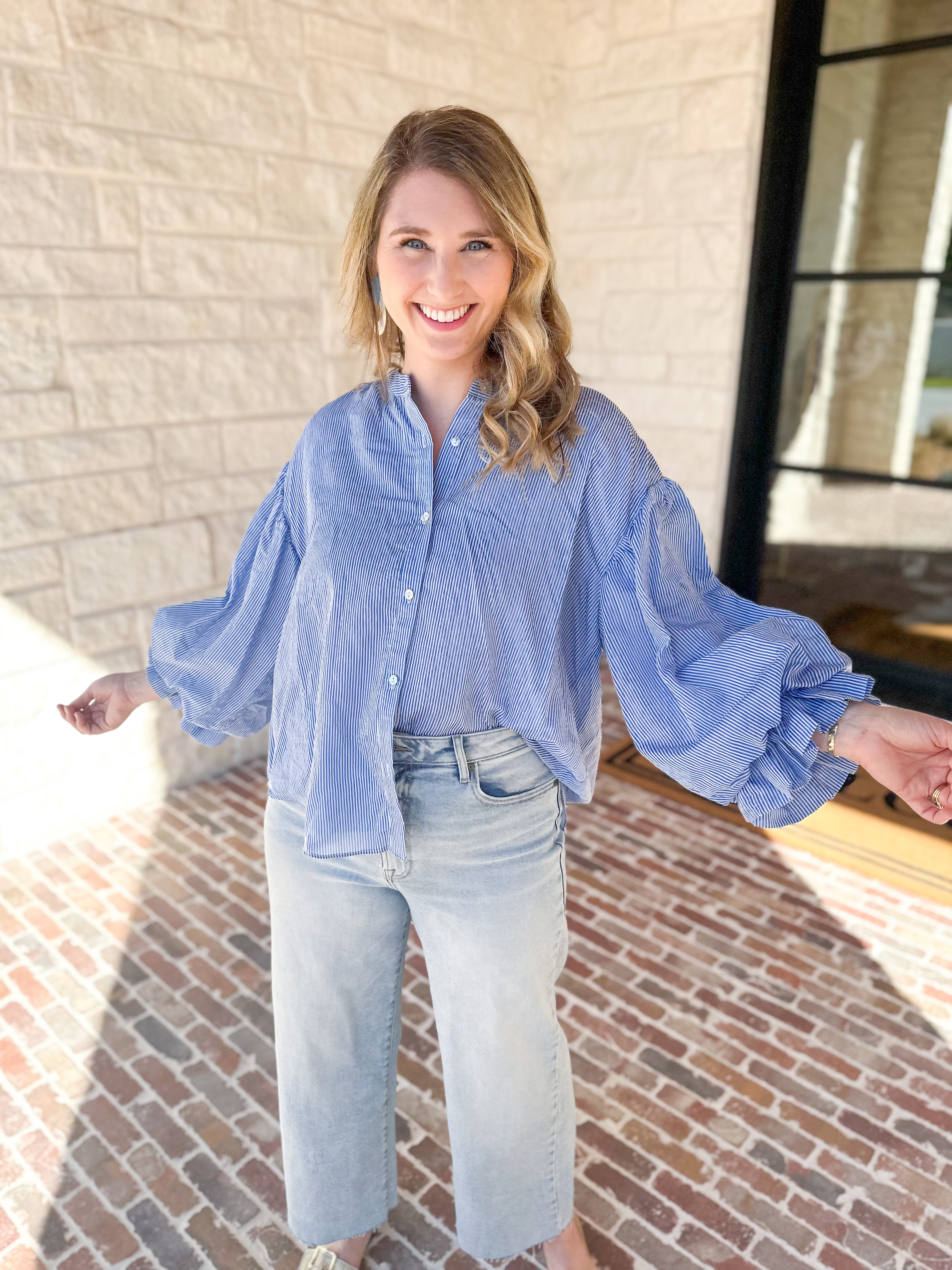 Pinstripe Bubble Sleeve Blouse - Baby Blue-200 Fashion Blouses-FATE-July & June Women's Fashion Boutique Located in San Antonio, Texas