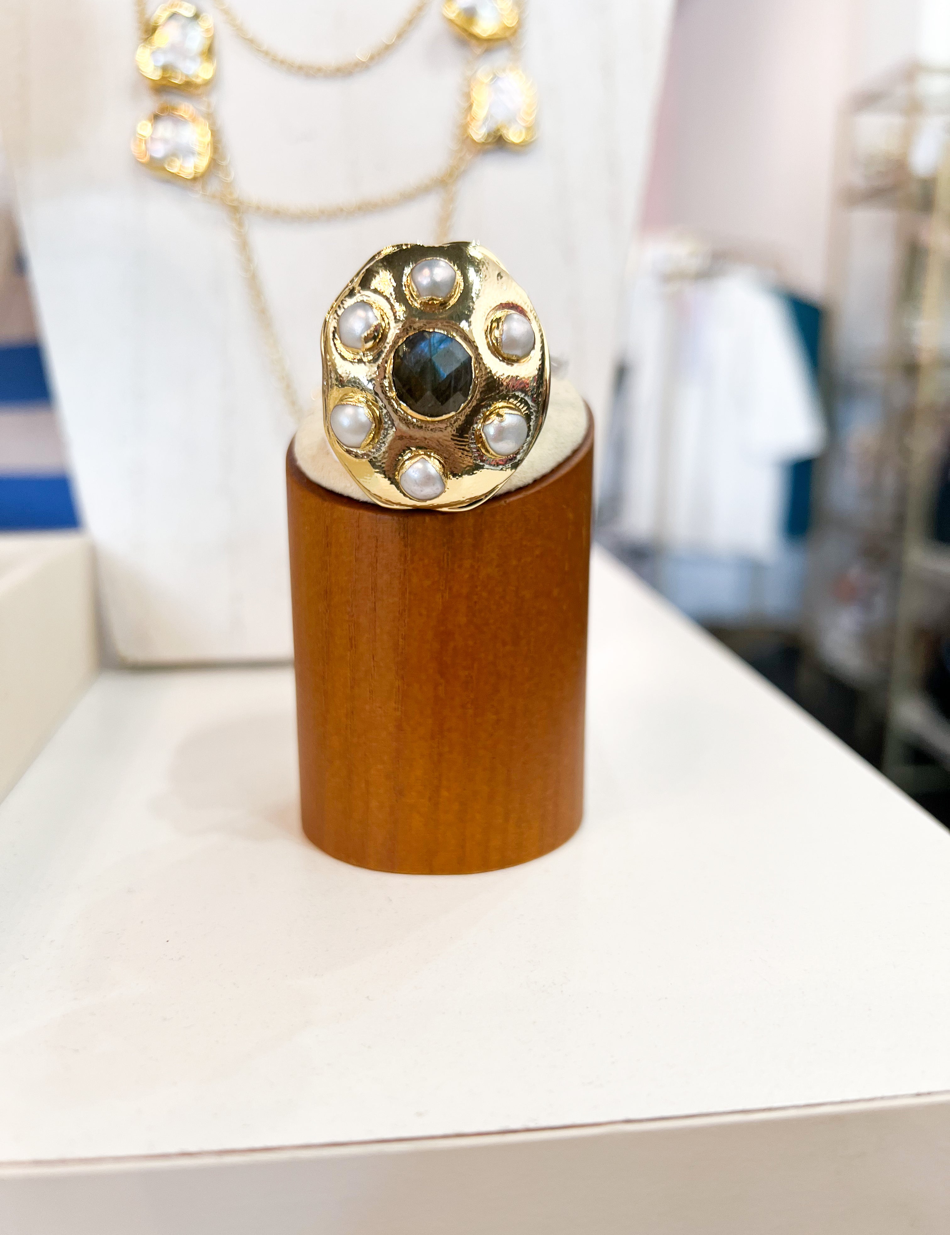 Easton Elle - Globe Center Labradorite and Pearl Ring-110 Jewelry & Hair-Easton Elle-July & June Women's Fashion Boutique Located in San Antonio, Texas