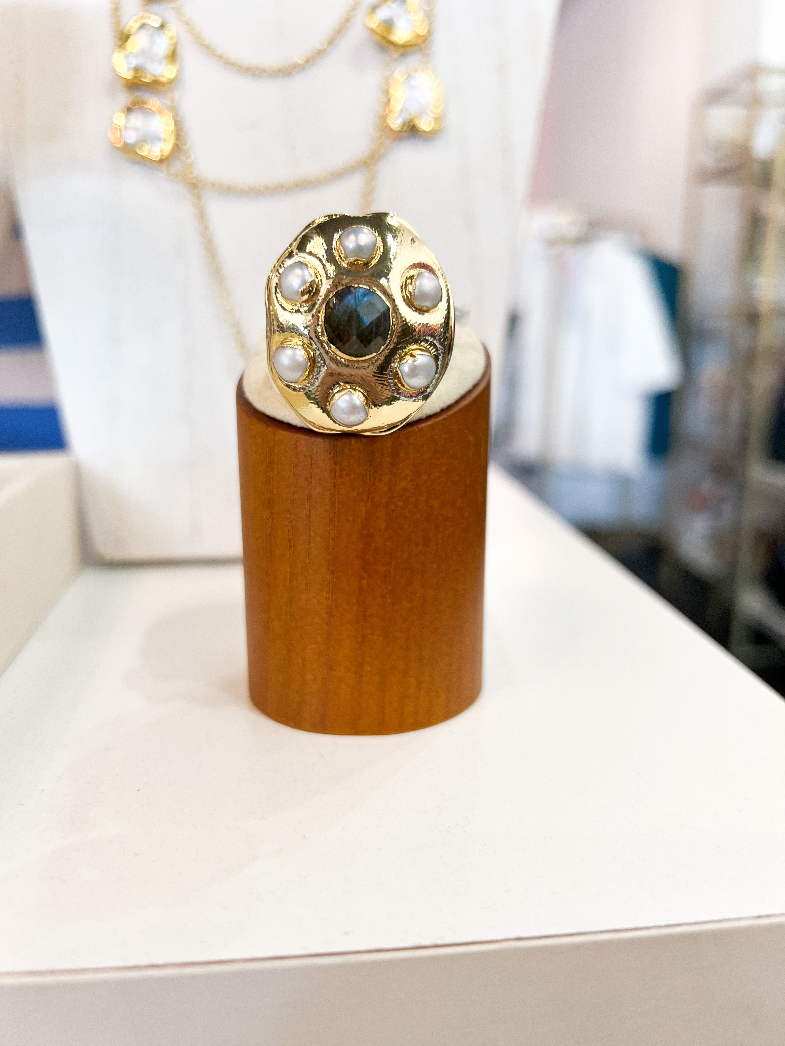 Easton Elle - Globe Center Labradorite and Pearl Ring-110 Jewelry & Hair-Easton Elle-July & June Women's Fashion Boutique Located in San Antonio, Texas