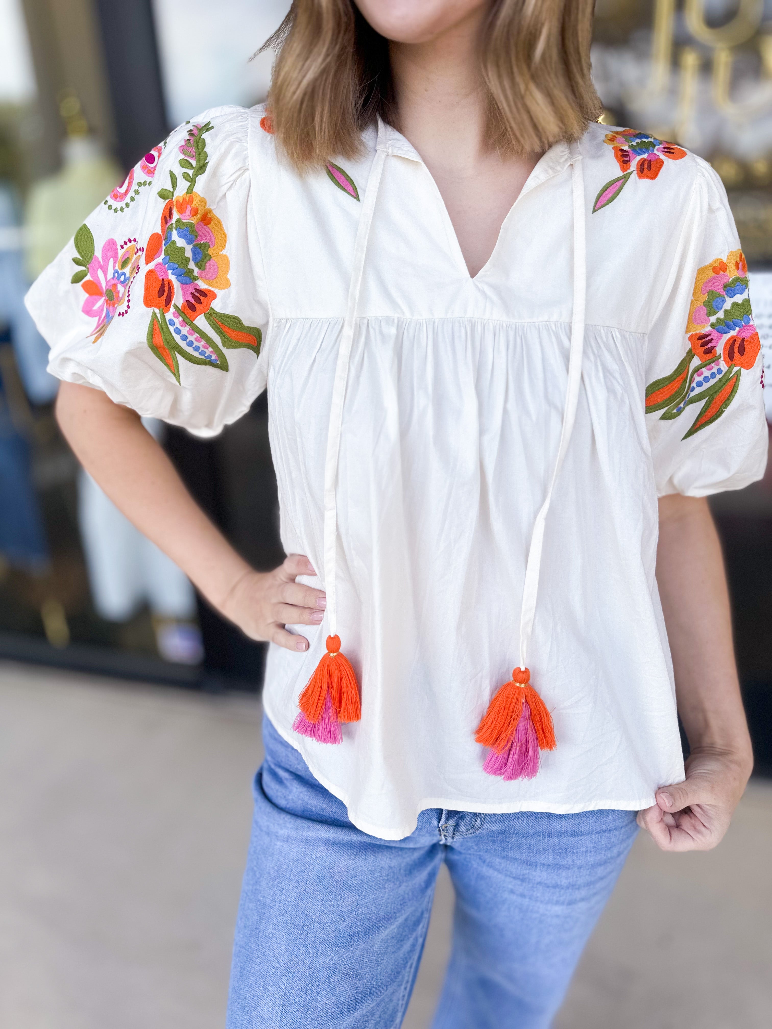 THML - Classic Ivory Embroidered Blouse-200 Fashion Blouses-THML-July & June Women's Fashion Boutique Located in San Antonio, Texas