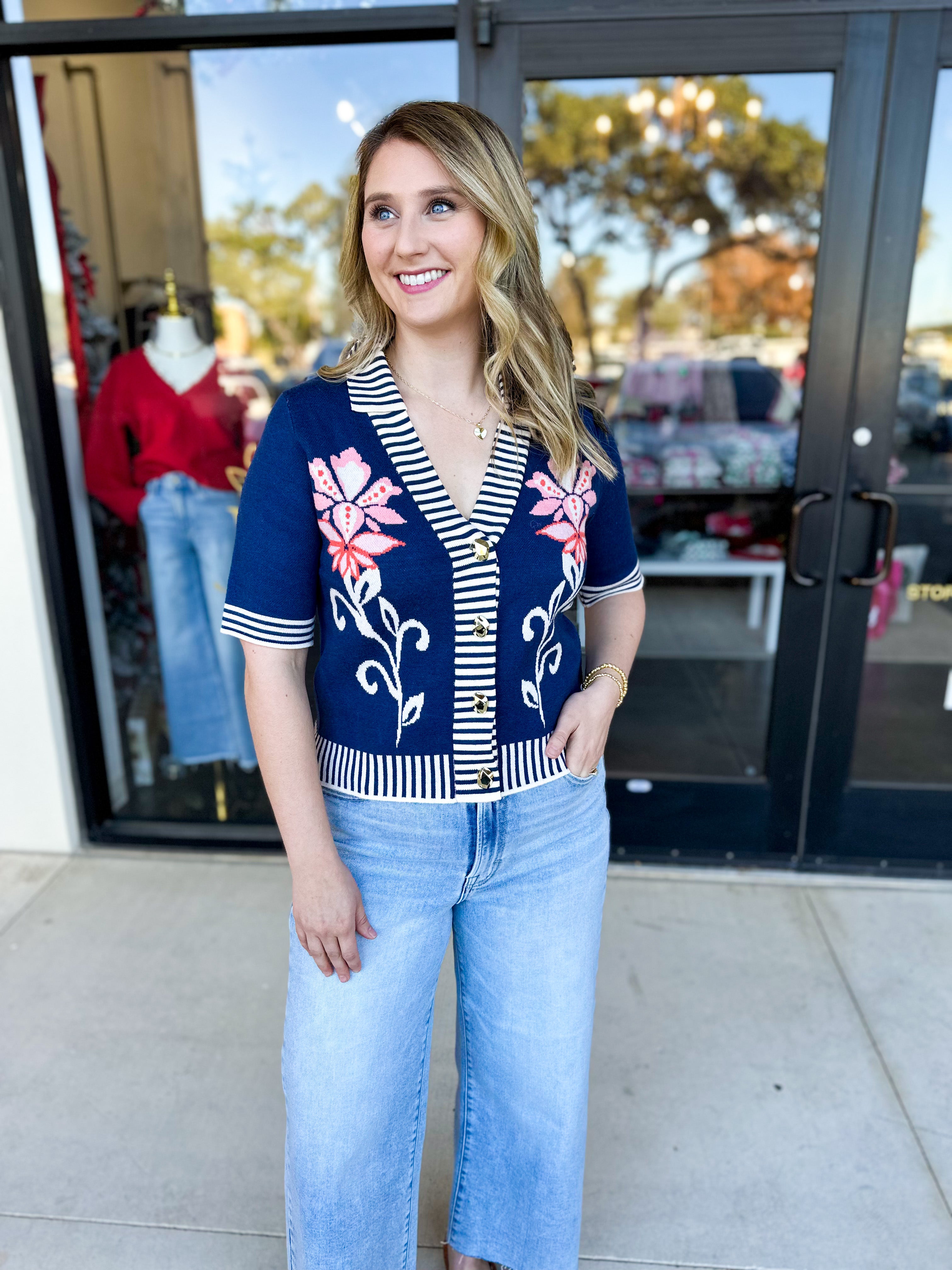 THML- Floral & Stripe Knit Top-230 Sweaters/Cardis-THML-July & June Women's Fashion Boutique Located in San Antonio, Texas