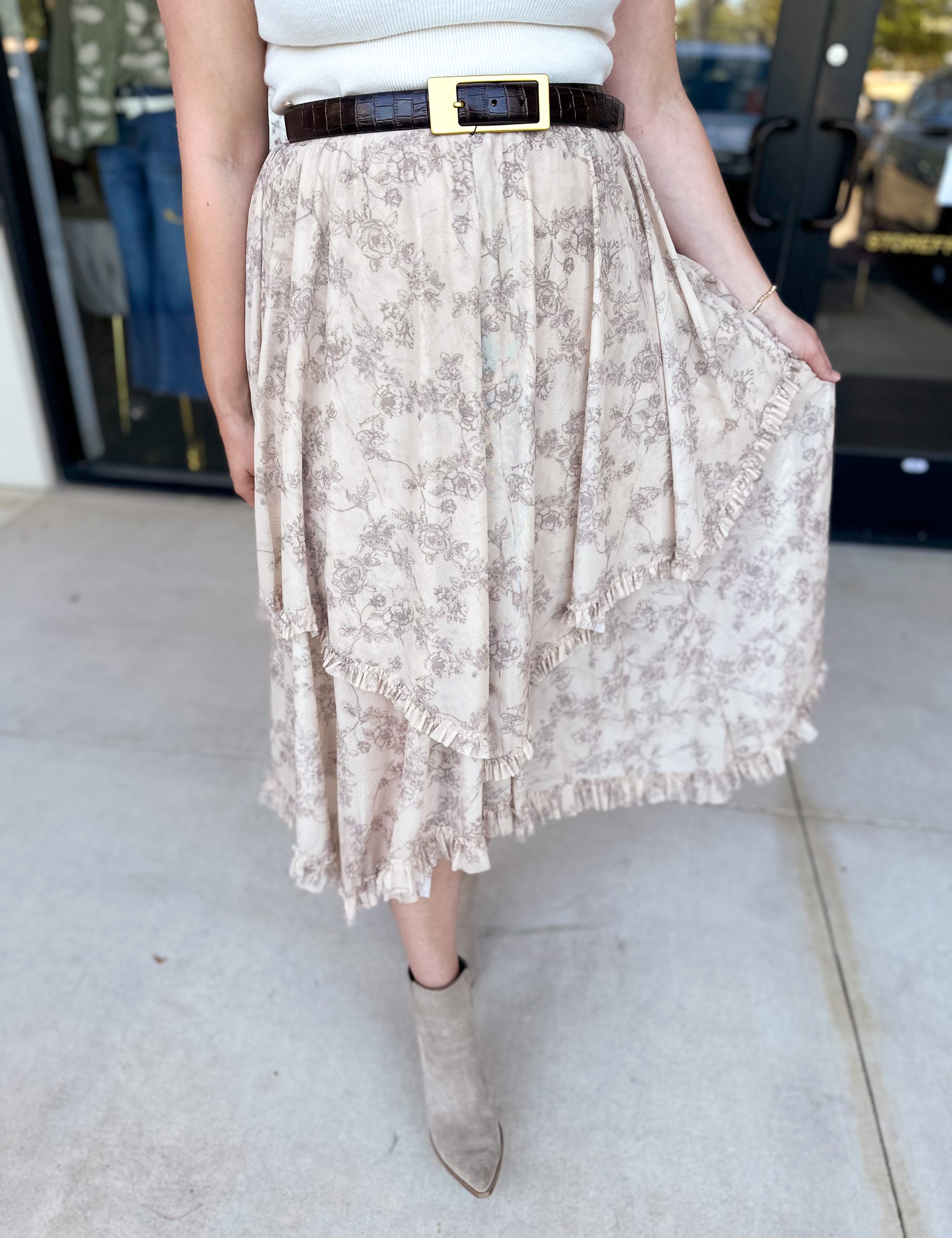 Mocha Floral Midi Skirt-410 Shorts/Skirts-POLOGRAM-July & June Women's Fashion Boutique Located in San Antonio, Texas