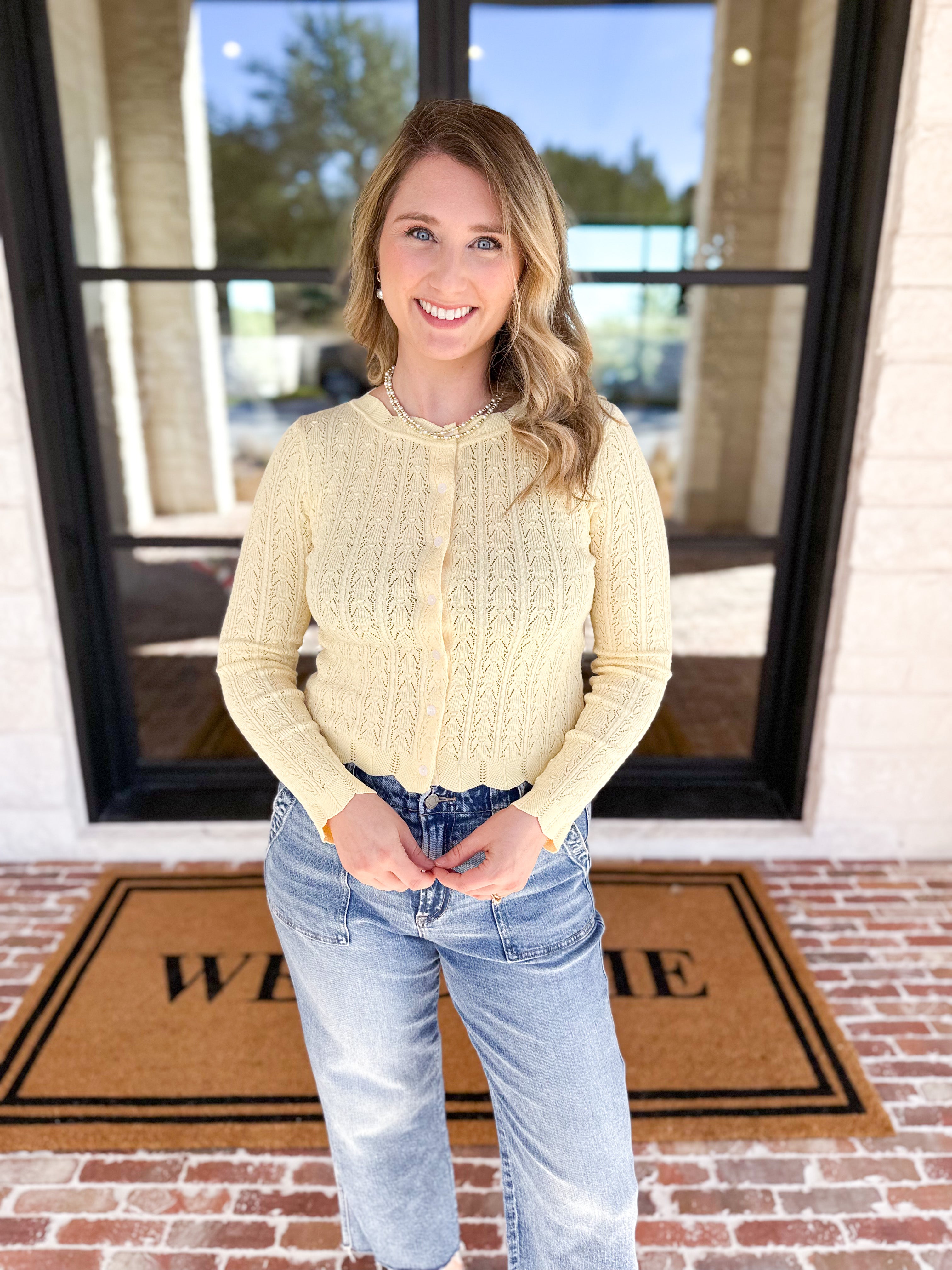 Pointelle Cardigan - Butter Yellow-230 Sweaters/Cardis-ALLIE ROSE-July & June Women's Fashion Boutique Located in San Antonio, Texas